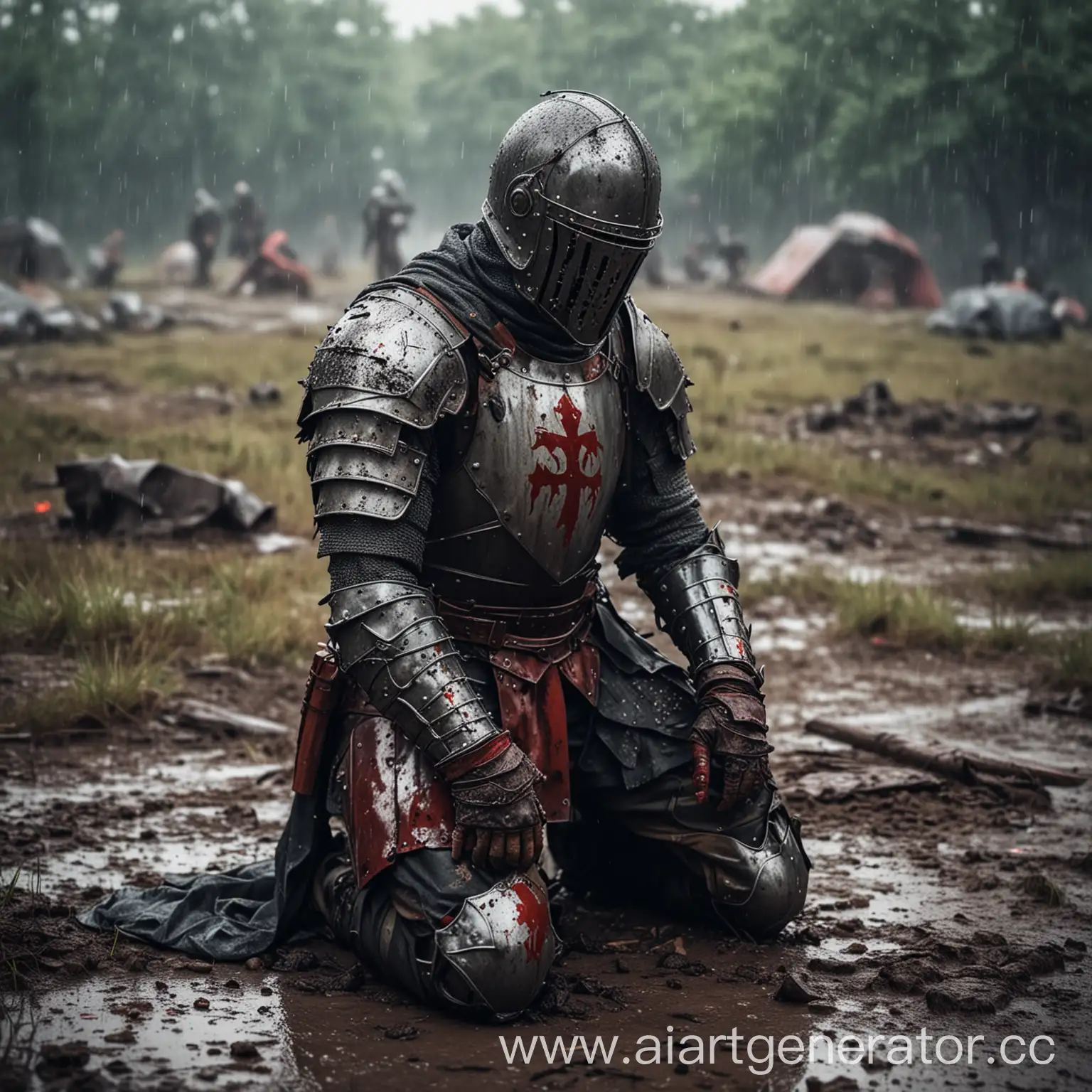 Обессиленный окровавленный рыцарь, в шлеме, на коленях под дождём, на грязном поле битвы.