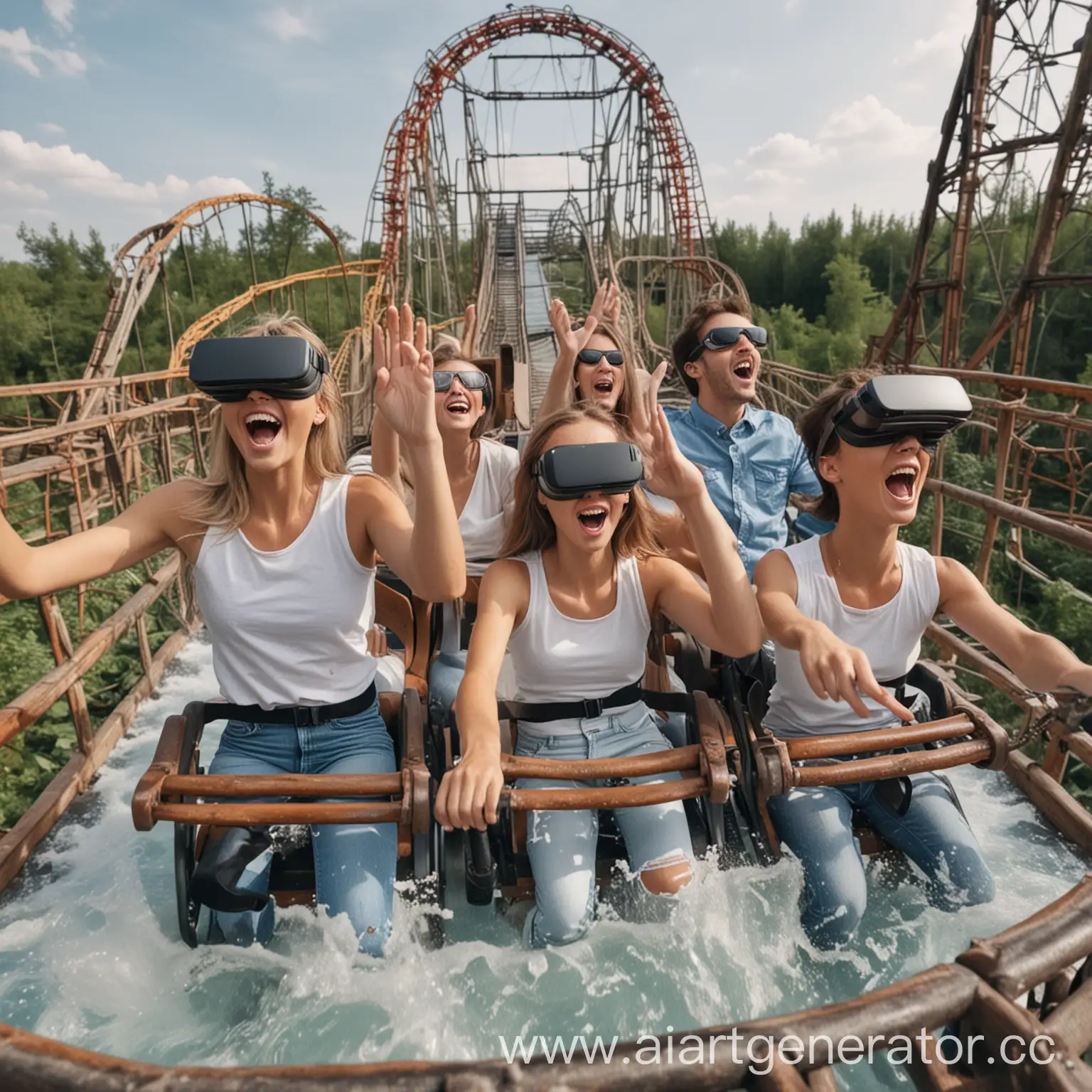 Virtual-Reality-Roller-Coaster-Friends-Excitedly-Shouting-and-Getting-Splashed