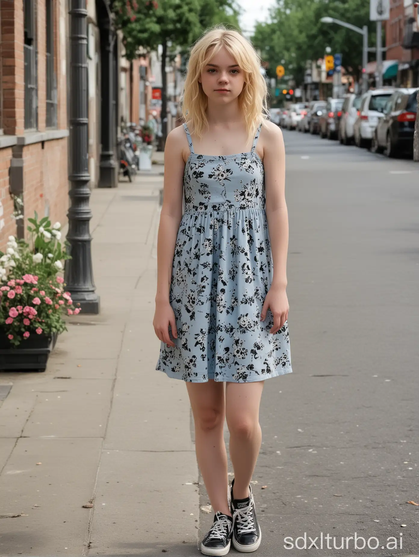 Blonde-Teen-Femboy-Strolling-in-Floral-Dress-on-Busy-Sidewalk