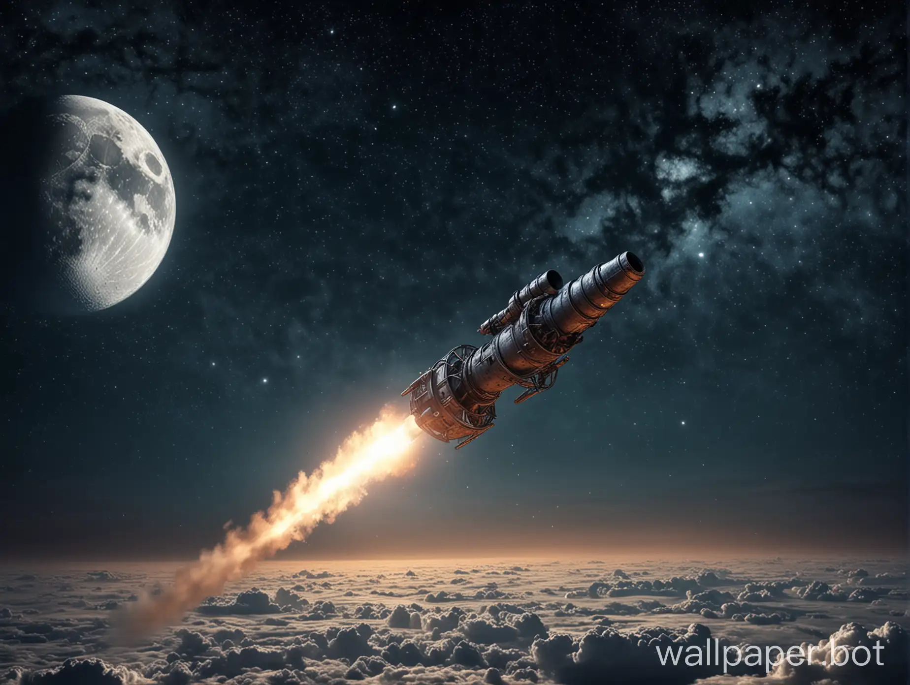 flight from a cannon to the moon in the night sky, in the genre of science fiction