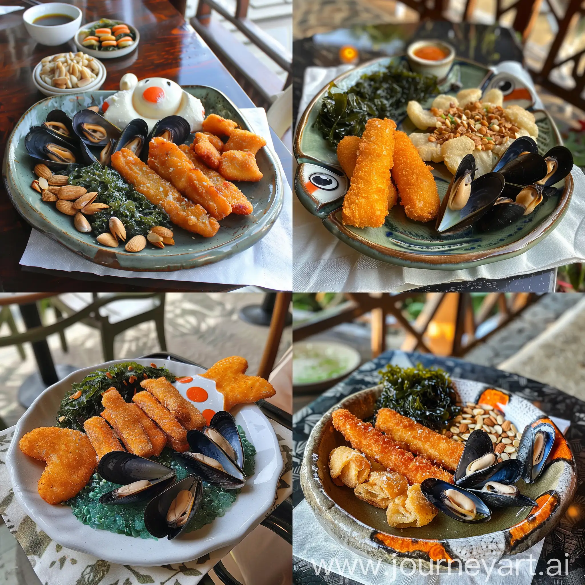 Hawaiian-Cafe-Delight-Clown-Fish-Plate-with-Fried-Fish-Sticks-Seaweed-Almonds-and-Mussels