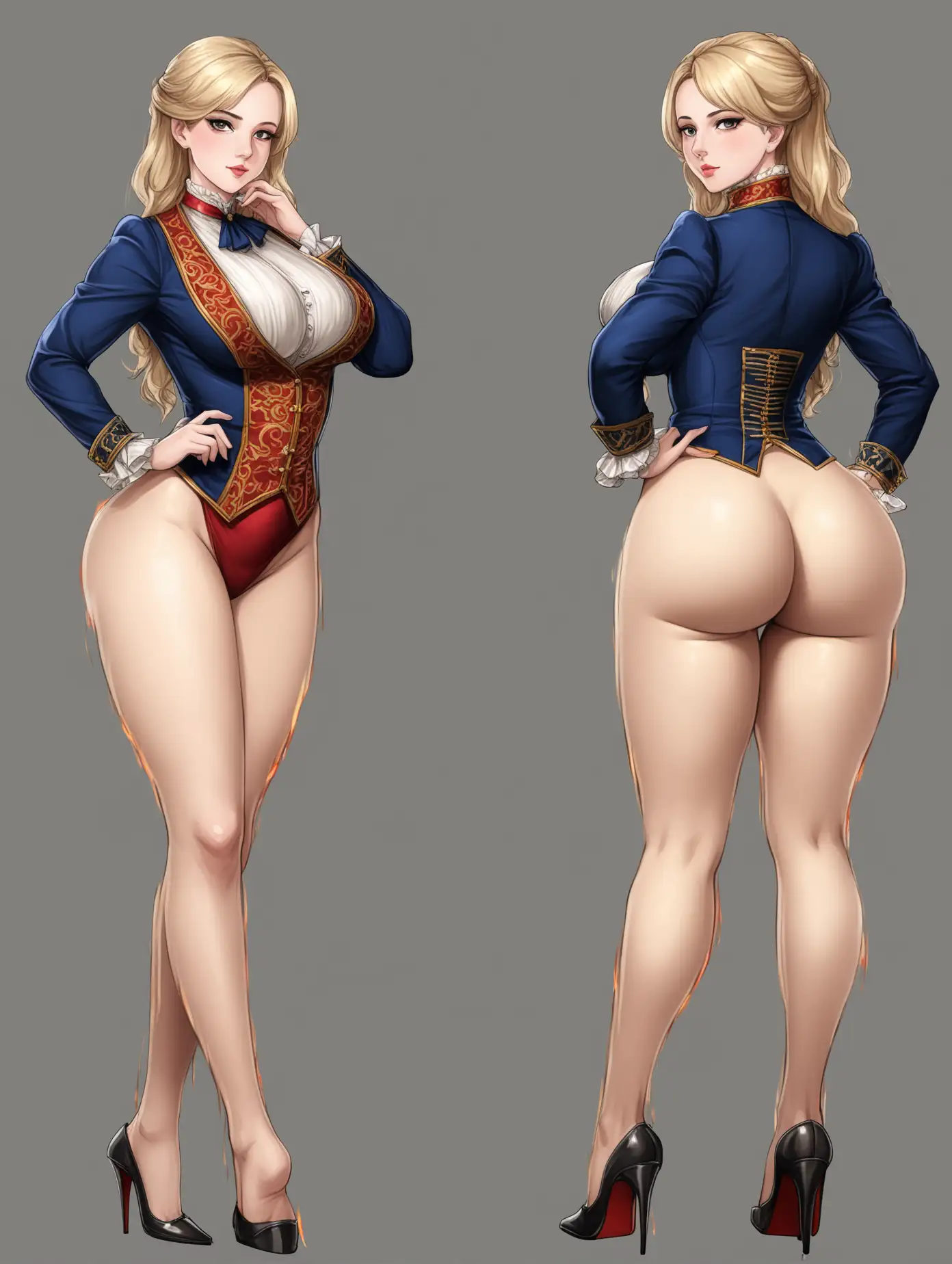 Sensual picture of a hot girl, age 30, big ass, aristocrat outfit, 2 poses, full body
