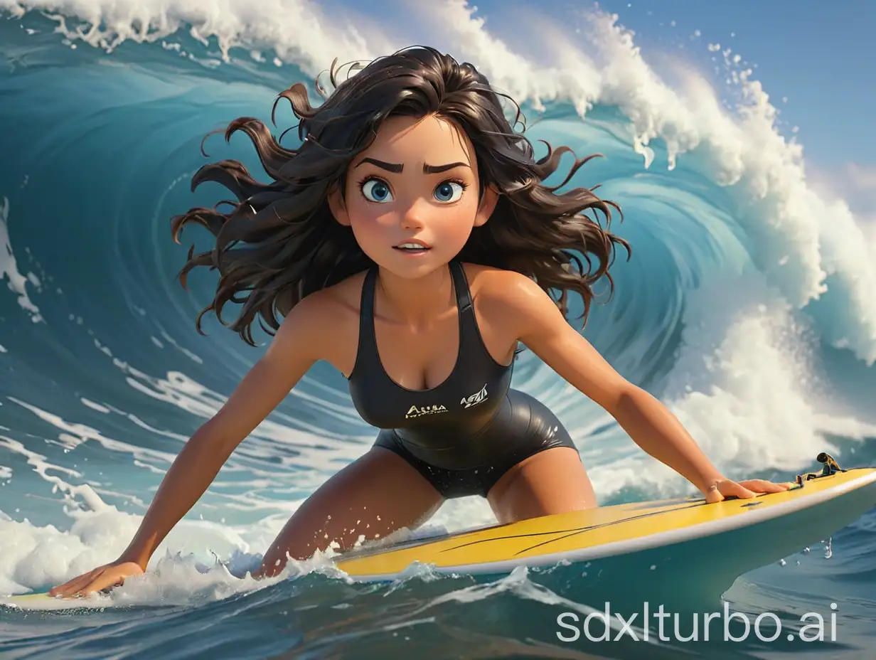 Dynamic-3D-Cartoon-Surfing-Woman-on-Giant-Wave-Gold-Coast-Australia