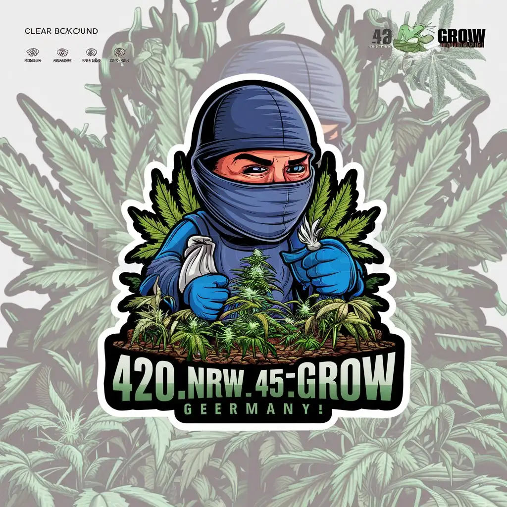 a logo design,with the text "420.NRW_45_Germany.grow", main symbol:A highly detailed weed inspired Cartoon Character with Balaclava Weed Bag and Joint in hand that is growing weed on Detailed Weed Background,complex,be used in Others industry,clear background