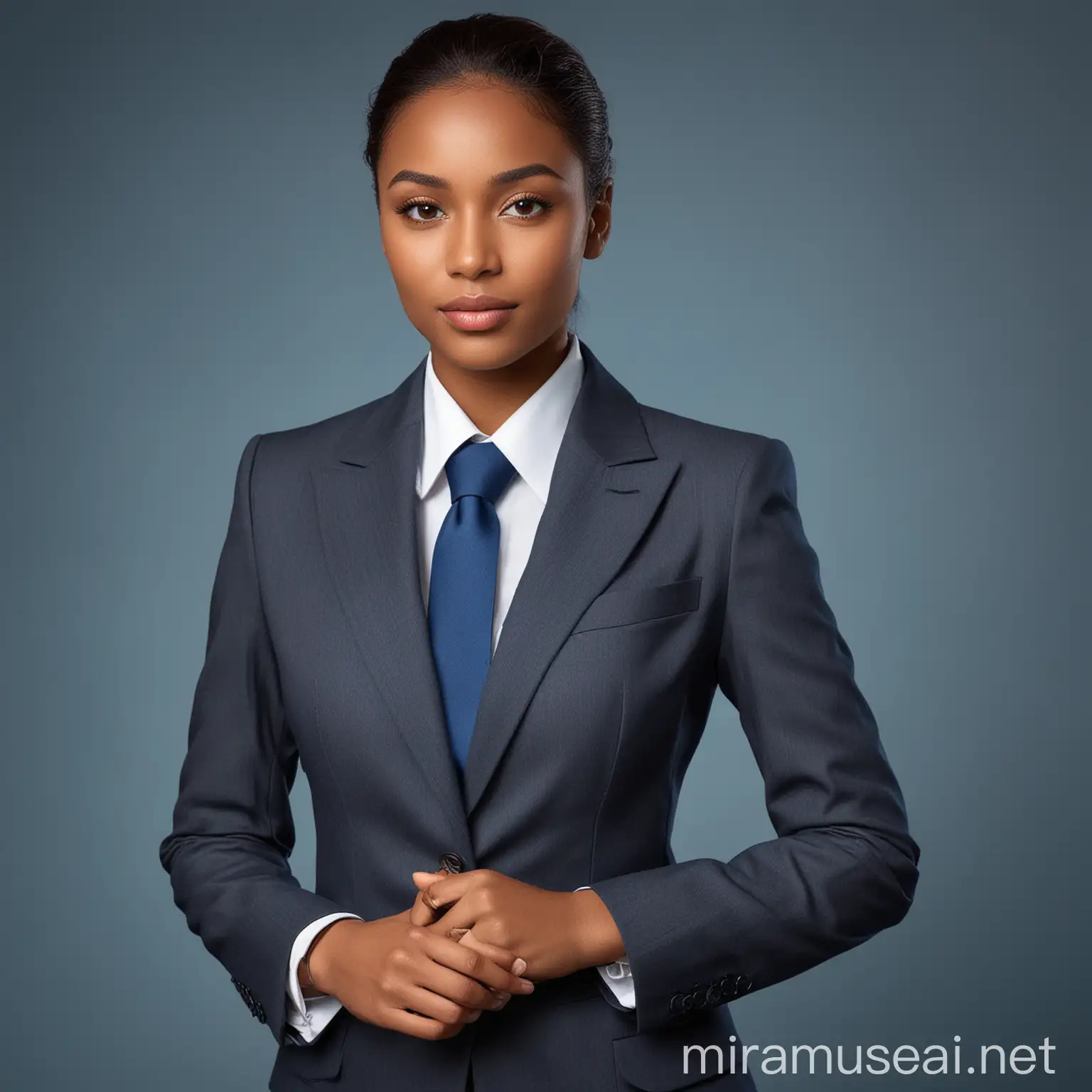 Professional Natural Brown Skin Business Woman in Blue Suit