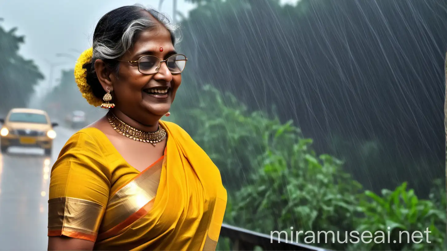 a indian mature  fat woman having big stomach age 57 years old attractive looks with make up on face ,binding her high volume hairs, open Hairstyle. wearing metal anklet on feet and high heels ,   . she is happy and smiling. she is wearing  neck lace in her neck , earrings in ears, a gold spectacles with chain holder on her eyes and wearing wet yellow cotton saree and a half white blouse  on her body. she is standing  on high way enjoying the rain  ,  and its day time . its raining very heavy .
