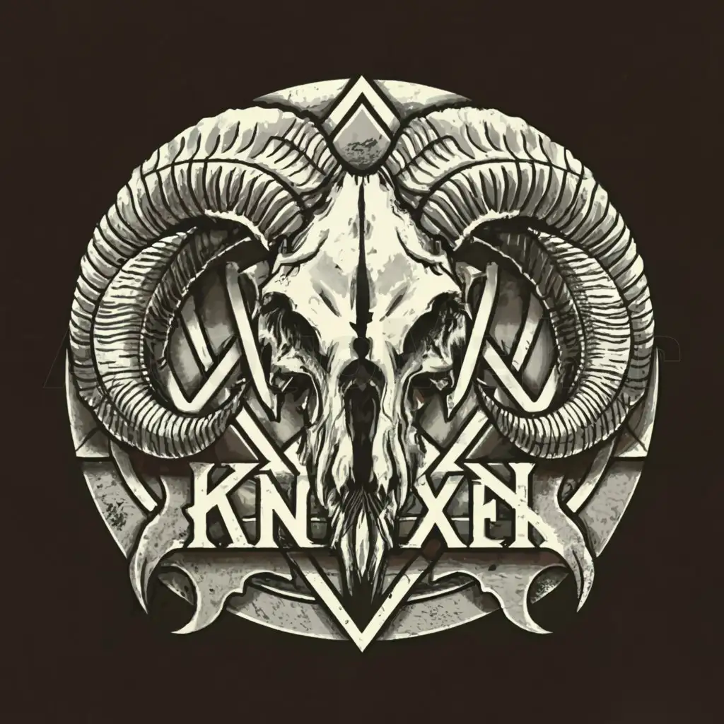 a logo design,with the text "KNIXEN", main symbol:hyperrealistic ram skull gray black white evil gothic,complex,be used in Events industry,clear background
