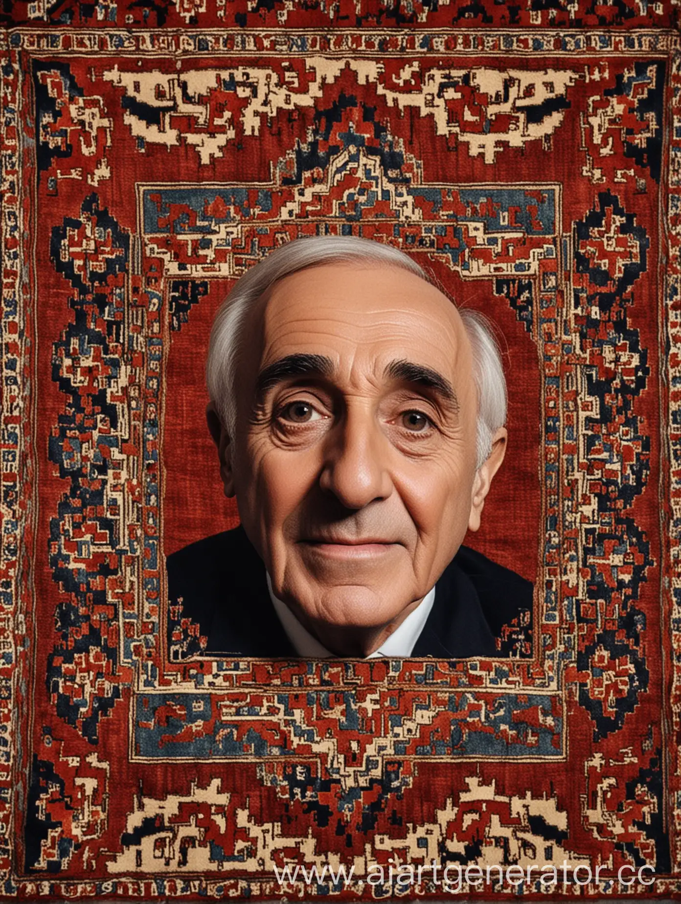 Charles Aznavour face make photo on Armenian carpet like frame