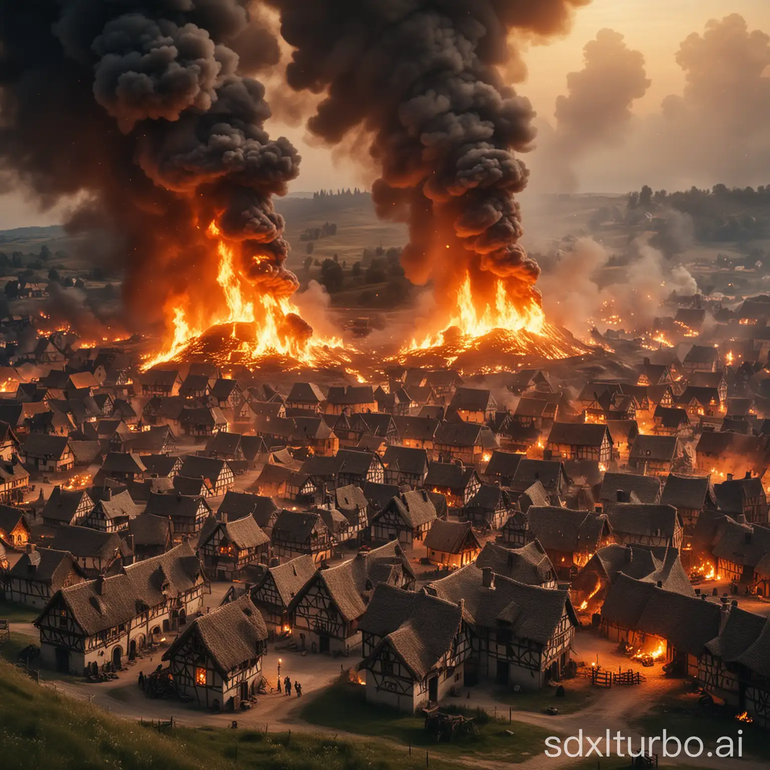 medieval village in fire