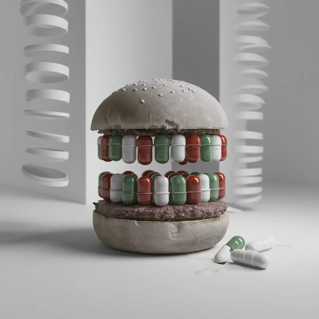 MINIMAL ARTISTIC 4K PHOTOGRAPHY OF A HAMBURGER WITH PILLS IN IT INSTEAD OF HAM AND CHEESE