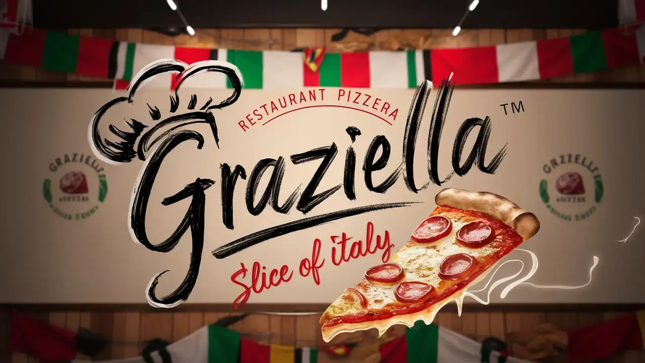 Handwritting Graziella Pizzeria logo, Restaurant logo, Italian colors, , Italian decoration, Chef hat sketch, Slogan, Slice of Italy, Hot fresh Margarita,  Unreal engine