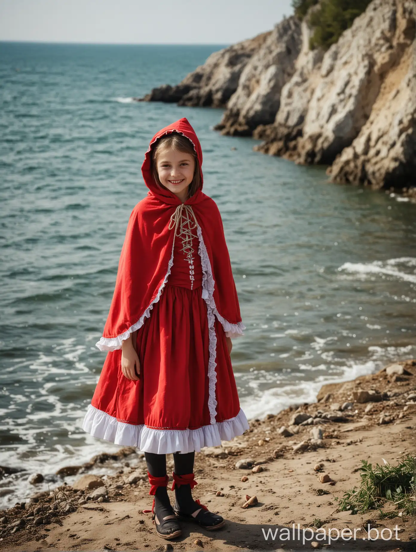 Crimea, view of the sea, a 10-year-old girl in a red riding hood costume, full-length, smiling