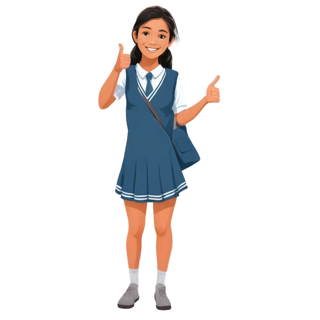 2d vector art, an Indian school student on blue school dress in happy mood giving thumbs up
