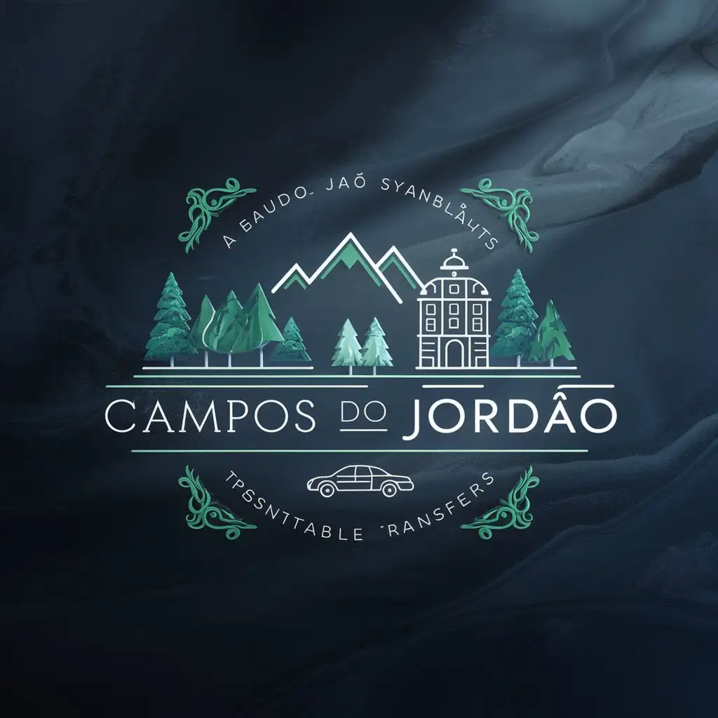 /imageCreate an elegant and inviting logo for a travel package to Campos do Jordão, which includes transfer, accommodation, and tours. The logo should convey a sense of luxury, comfort, and adventure, highlighting typical elements of Campos do Jordão such as mountains, European architecture, and lush nature. Use a color palette that evokes the cold climate of the region, with shades of blue, green, and white. Incorporate icons that represent transfer, accommodation, and tours, and add a modern and sophisticated touch to the design. The logo should contain detailed elements and be in outline
