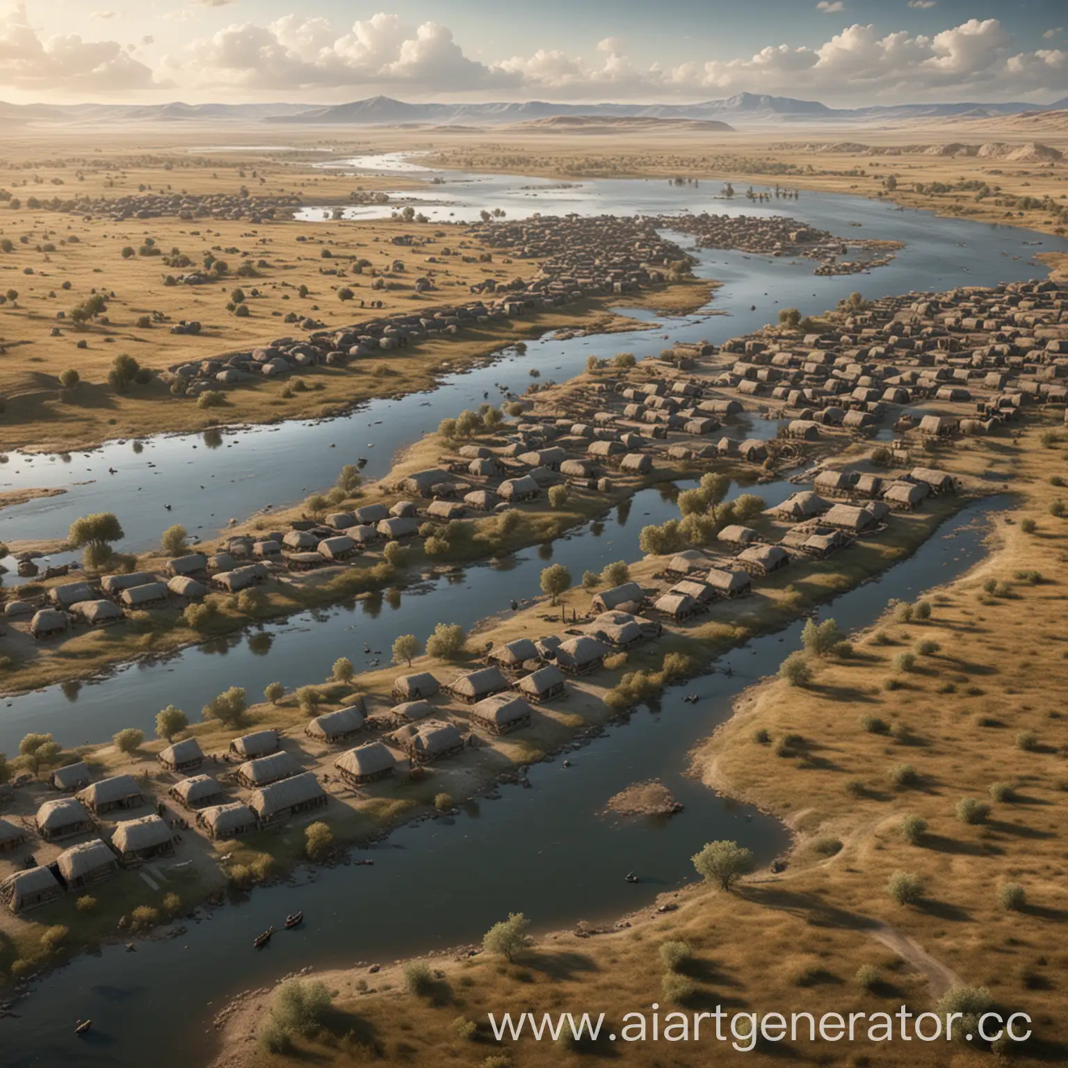 Фотореалистичное изображение кочевого поселения древних охотников у реки на равнине вблизи от первого лица