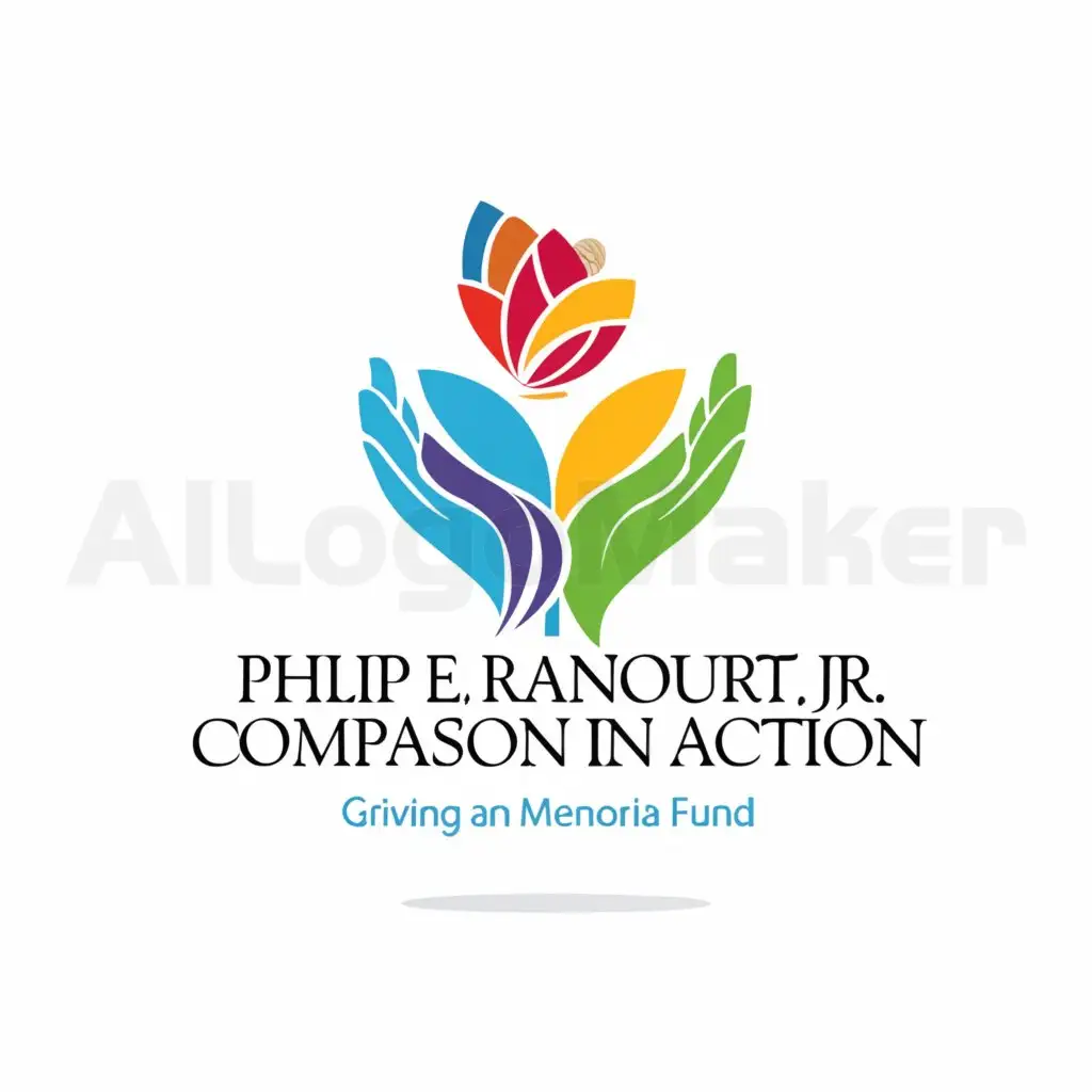 a logo design,with the text "Philip E. Rancourt, Jr. Compassion in Action Memorial Fund", main symbol:The logo showcases a graceful, open hand extending outward, palm facing up, representing giving and compassion. Within the palm of the hand rests a vibrant, blooming flower, symbolizing growth, hope, and the positive impact of kindness. Above the hand and flower, there's a gentle arc forming a partial circle, representing unity and support. Surrounding the emblem is the text "Philip E. Rancourt, Jr. Compassion in Action Memorial Fund: Uplifting Lives through Acts of Love and Kindness", with "Compassion in Action" highlighted in a bold font to emphasize the fund's mission. The color palette features warm, inviting tones such as soft blues, greens, and yellows, evoking feelings of comfort, care, and positivity.,Moderate,clear background