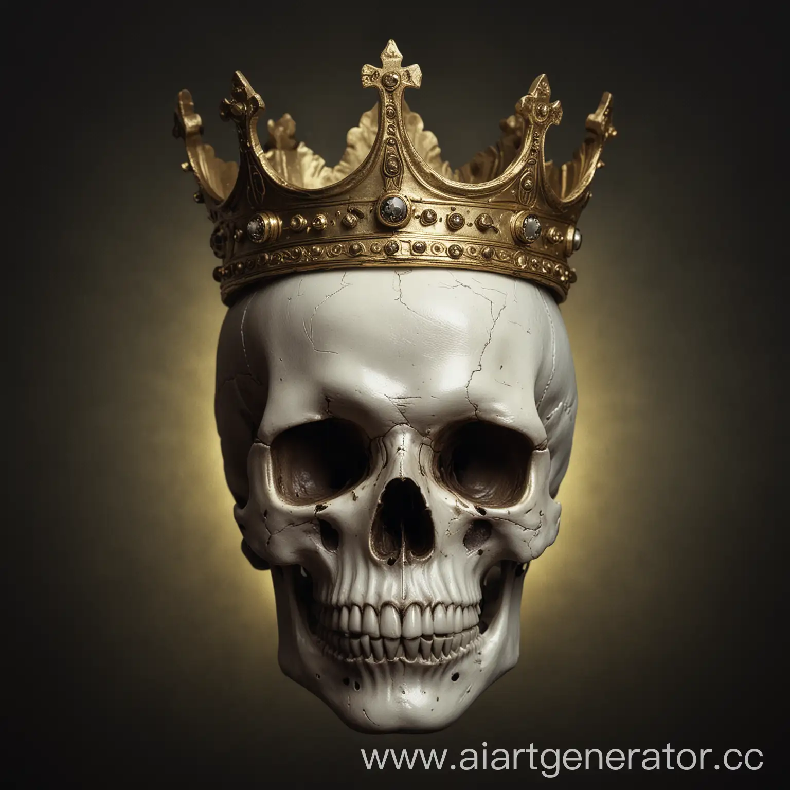 белый череп с темными выямками под глаза,на голове его корона из золота на темном фоне