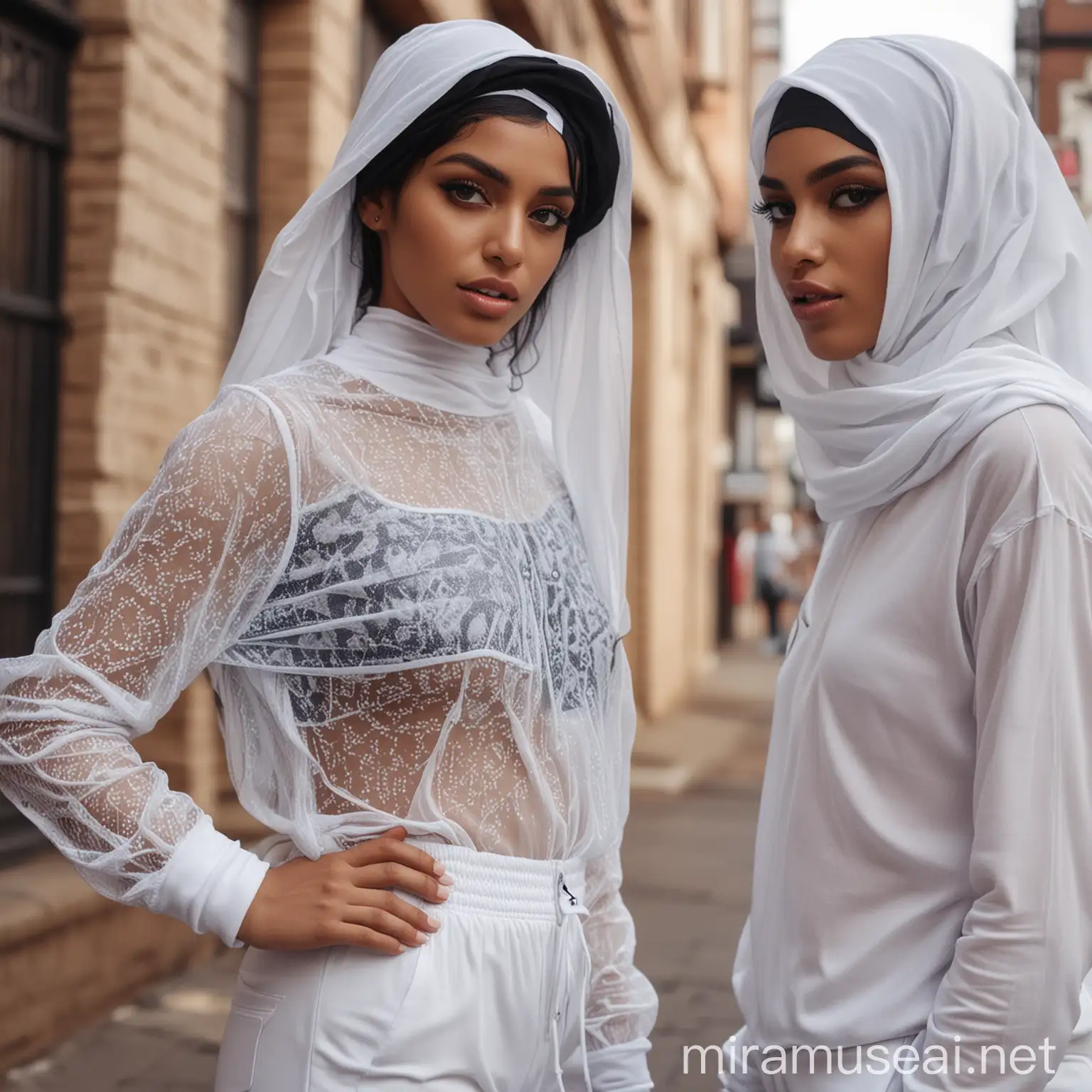 A Tuareg from Beale Streets in Memphis TN wearing black pyramid white see through shirt, white see through joggers, white nike cap, looks lovingly into the eyes of the charming and beautiful Instagram model Aitana Lopez, an ethnic Arab fashionista, an Arab woman with blue eyes in a high-contrast niqab, UHD 8k