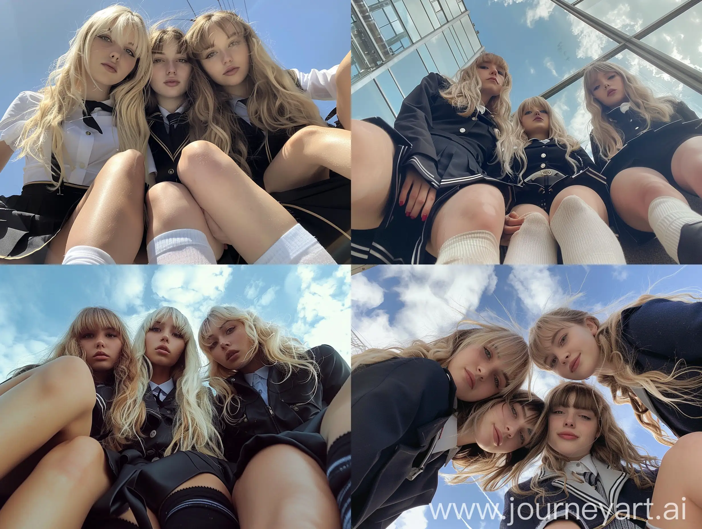 Three-Influencer-Girls-in-Black-School-Uniform-Taking-Natural-Sky-View-Selfie