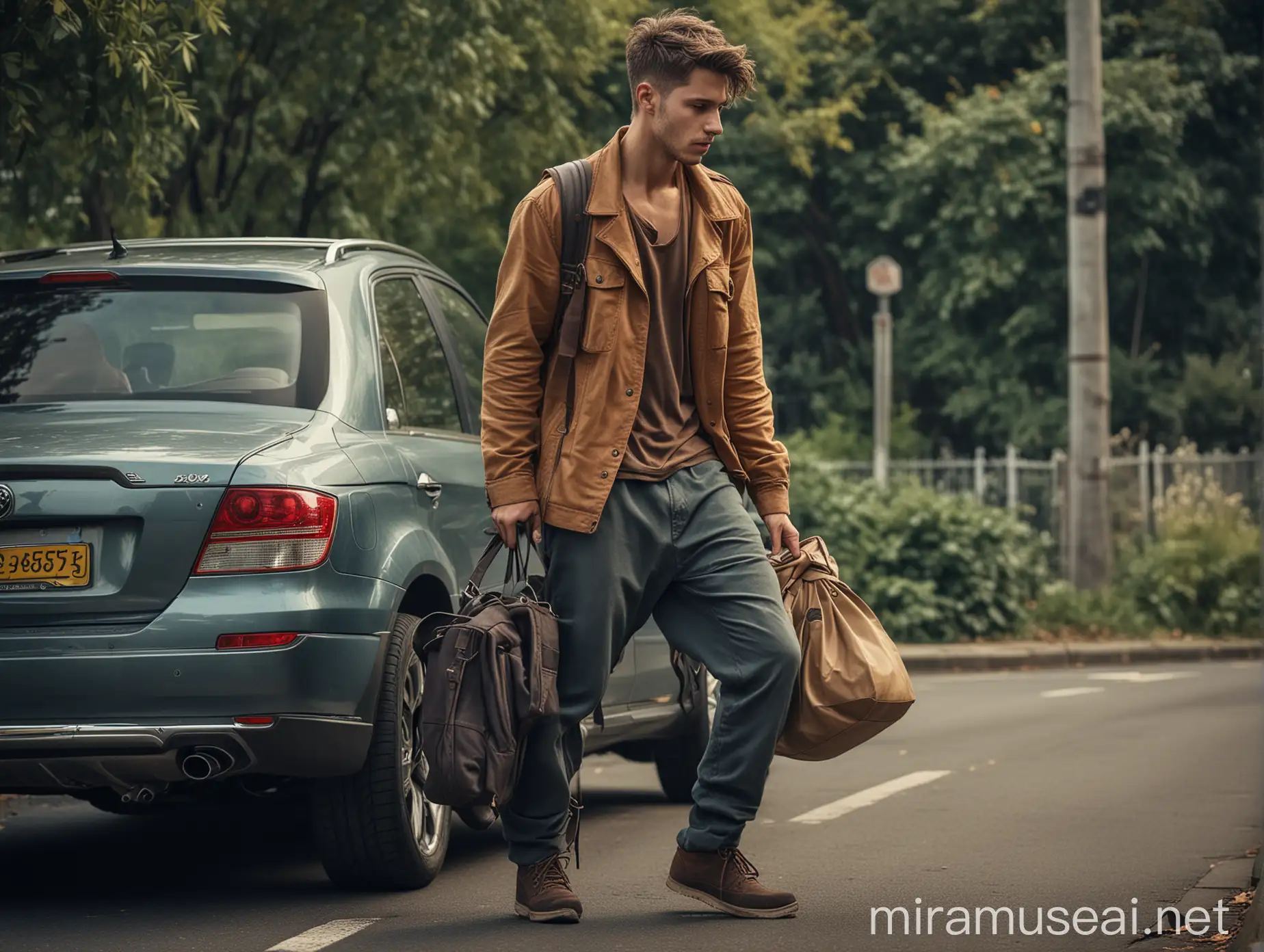 A young attractive male singer getting out of his car. He is wearing oversized pants. he has paparazzis around him, he is holding a bag.800mm lens, realistic, hyperrealistic, photography, professional photography, immersive photography, ultra HD, very high quality, best quality, medium quality, HDR photo, focus photo, deep focus, very detailed, original photo , original photo, very sharp, nature photo, masterpiece, award winning, taken with hasselblad x2d