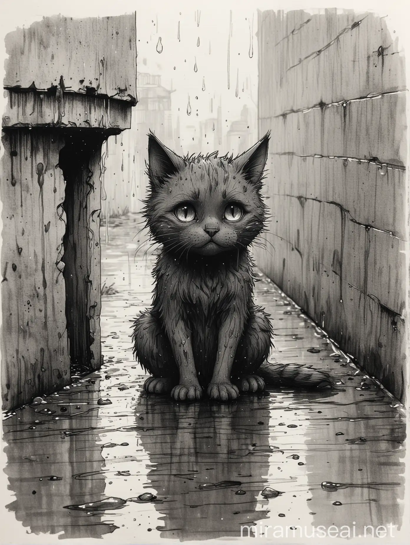 Lonely Sewer Cat Sketch in Rainy Atmosphere