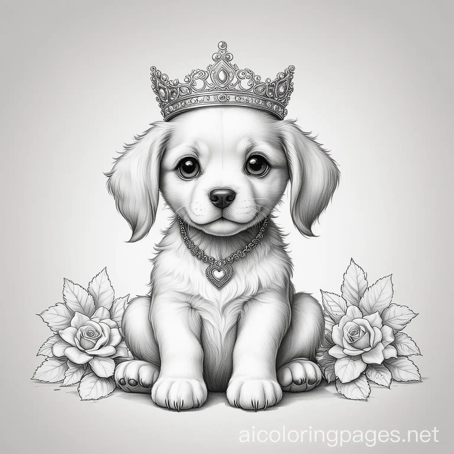 puppy princess, Coloring Page, black and white, line art, white background, Simplicity, Ample White Space. The background of the coloring page is plain white to make it easy for young children to color within the lines. The outlines of all the subjects are easy to distinguish, making it simple for kids to color without too much difficulty