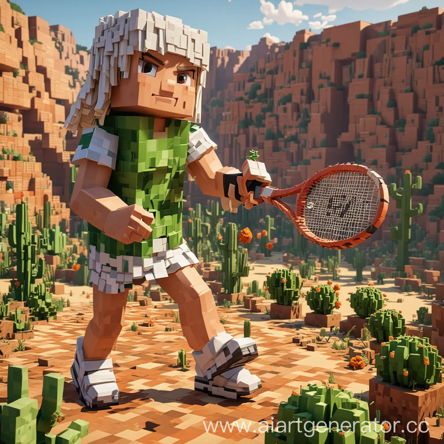 Minecraft A character in a 3D cactus skin fights with a female tennis player.