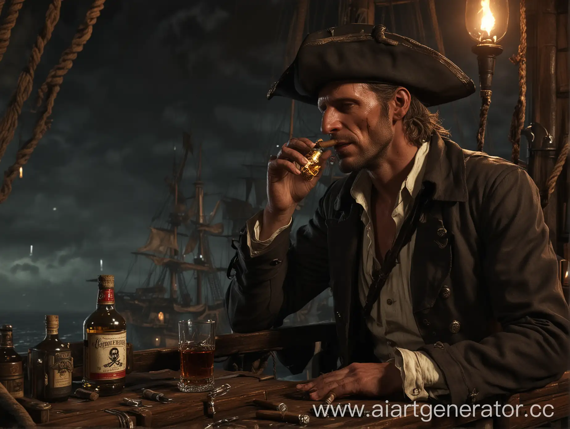 Ник Валентайн с сигарой и бутылкой рома на борту пиратского корабля пьëт и вспоминает институт