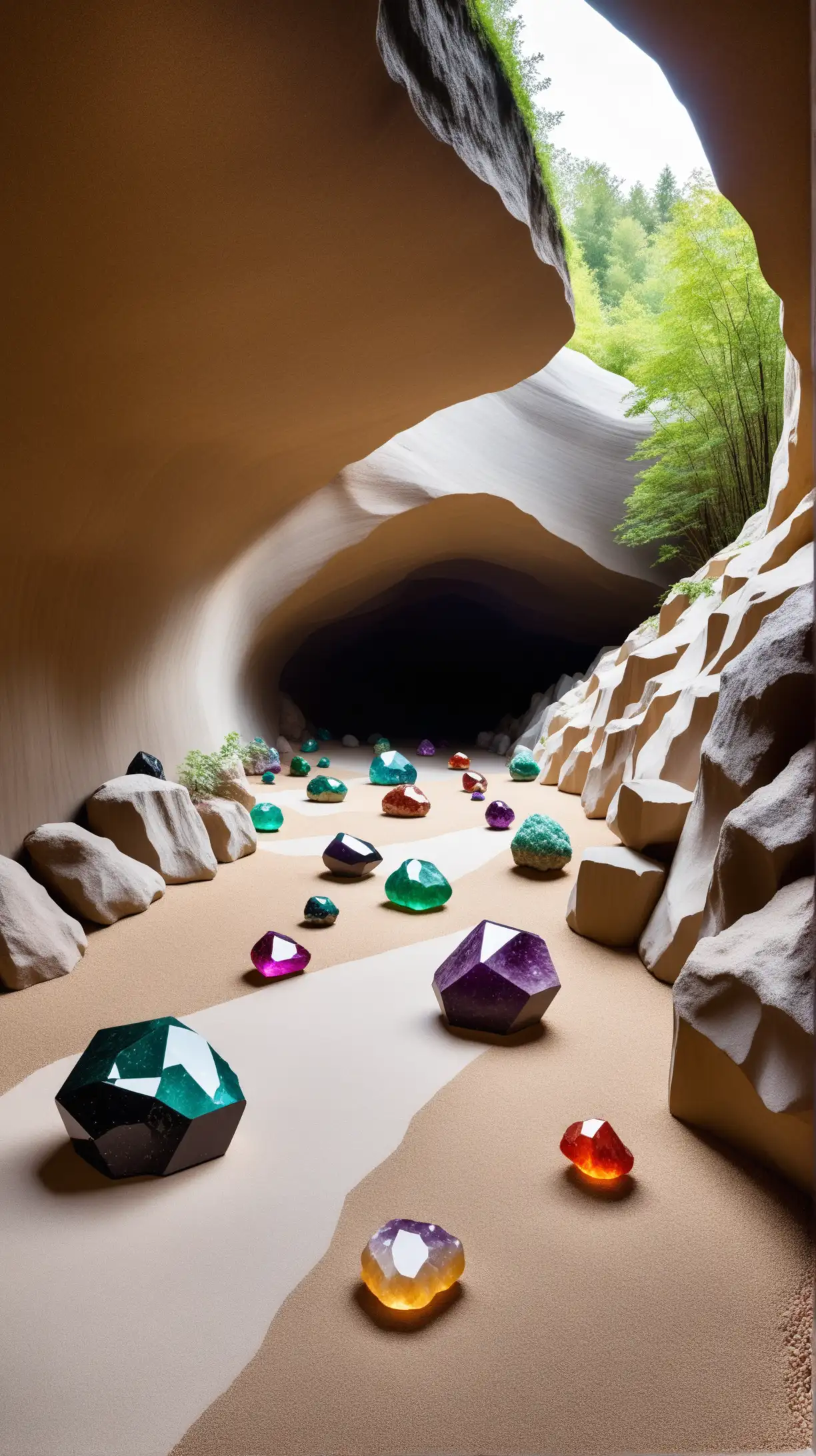 Precious Gemstones and geodes cave, bauhaus style, land art