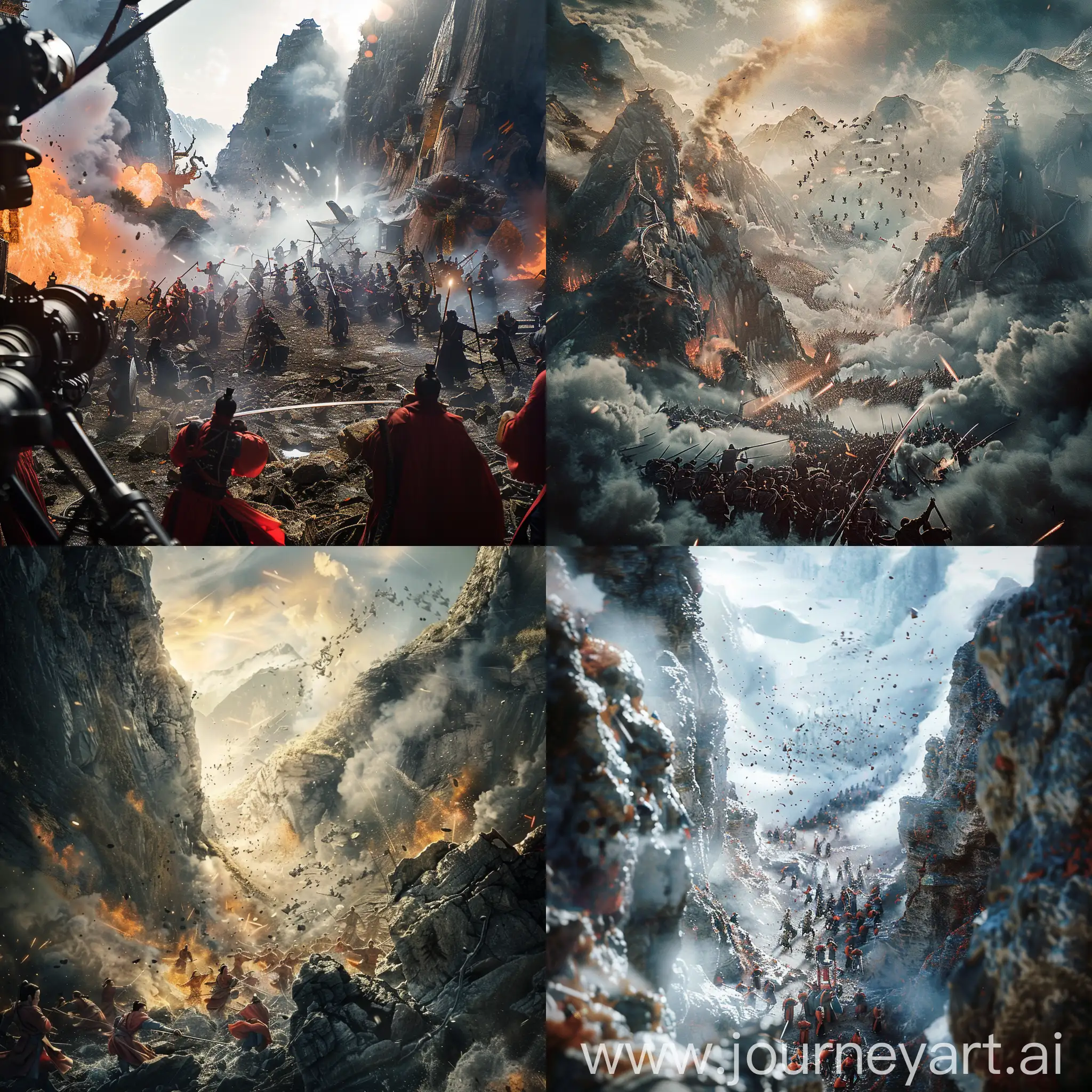 masterpiece, best quality, The Godly Sword Sect and the Azure Cloud Sect are trapped between two mountains, surrounded by intense battle scenes, with cultivators fighting desperately, cinematic lens with (complex filed bokeh);