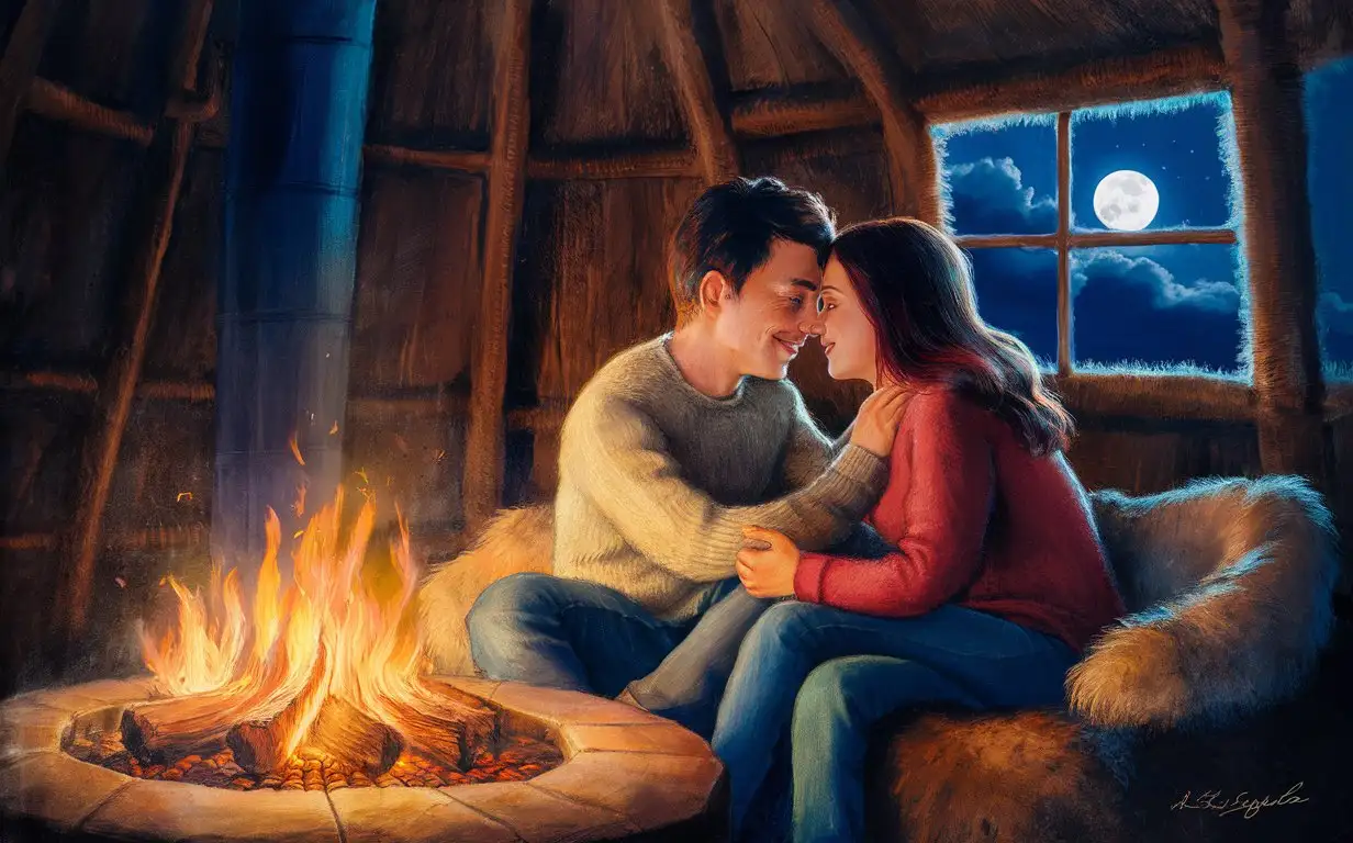 Romantic Couple Embracing in Cozy Hut with Glowing Fireplace and Moonlit Window View