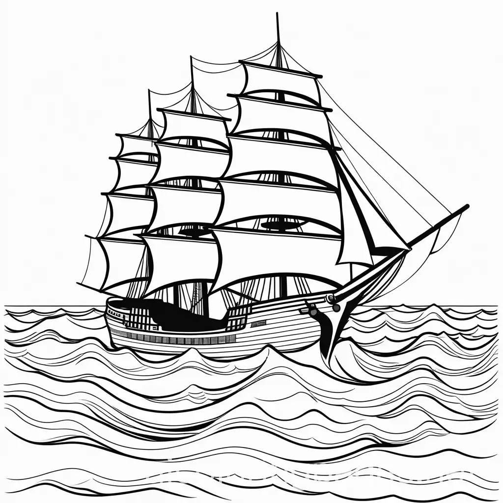 A ship in an ocean, Coloring Page, black and white, line art, white background, Simplicity, Ample White Space.