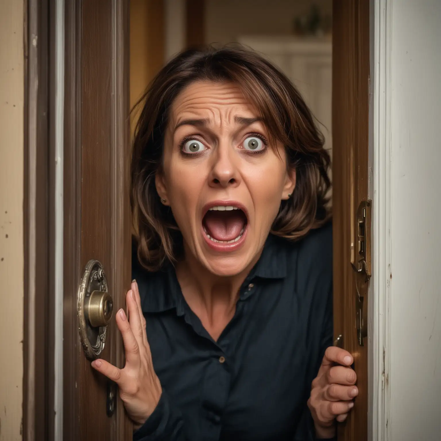 A very attractive and elegant 40-year-old woman is opening the door to her house, she is scared, you can see the terror in her eyes, she is about to scream.