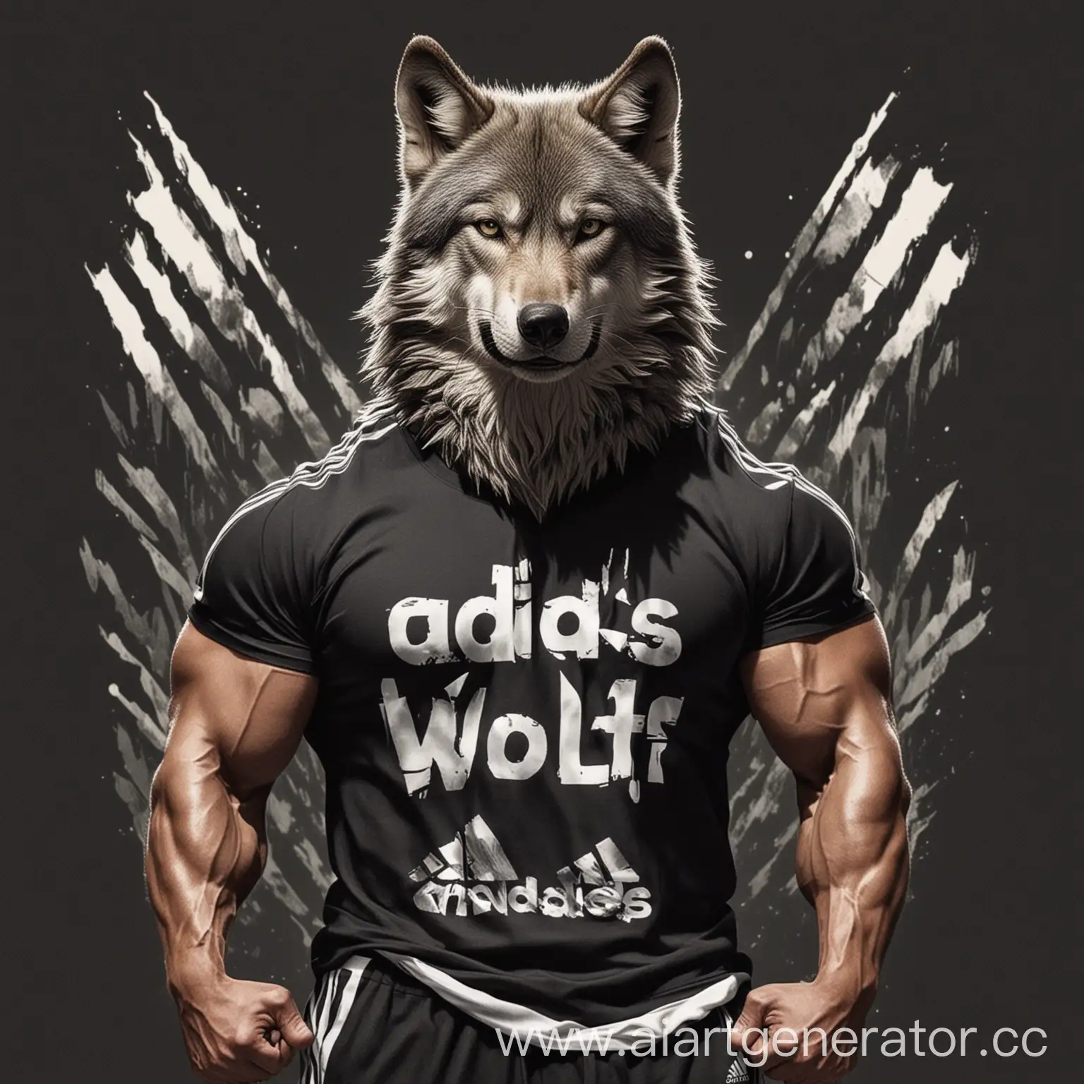 крутой волк с большими мускулами в футболке адидас