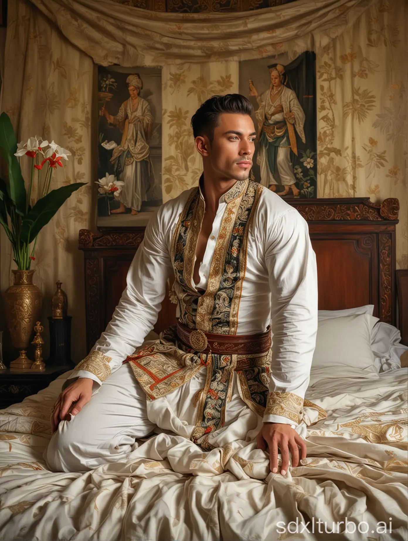 A portrait of a handsome lustfully Manadonese muscular royalty, posing on the bed, in a torn ‘beskap’ traditional attire, with a background of a Javanese bedroom, in the style of a painting by Leyendecker.
