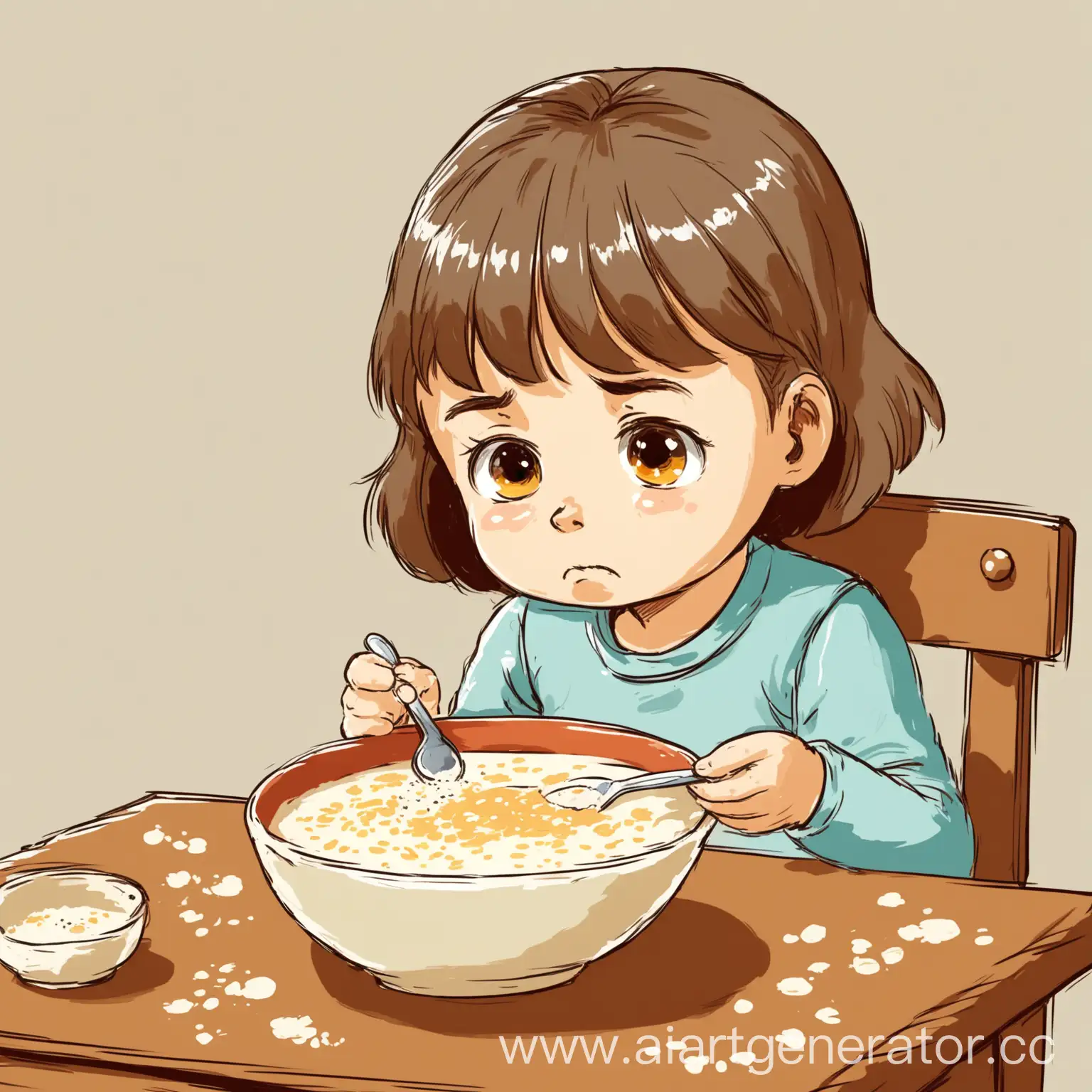 Sad-Little-Girl-Eating-Porridge-Simple-Childrens-Drawing-for-Childrens-Book