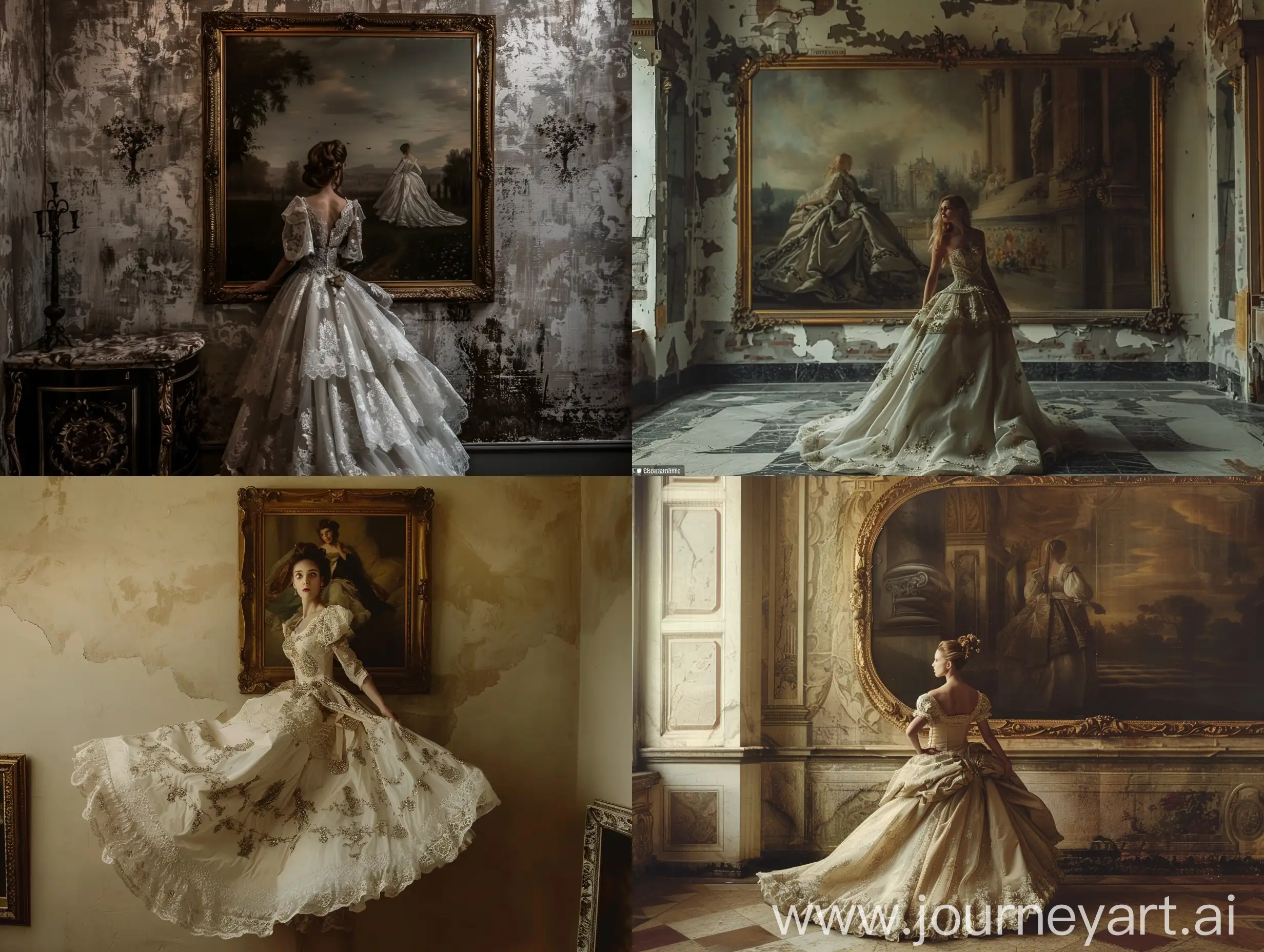 The photo captures the moment when a beautiful woman in an antique expensive dress steps down from a huge painting hanging on the wall into the real world and turns into a real woman, the moment of transition