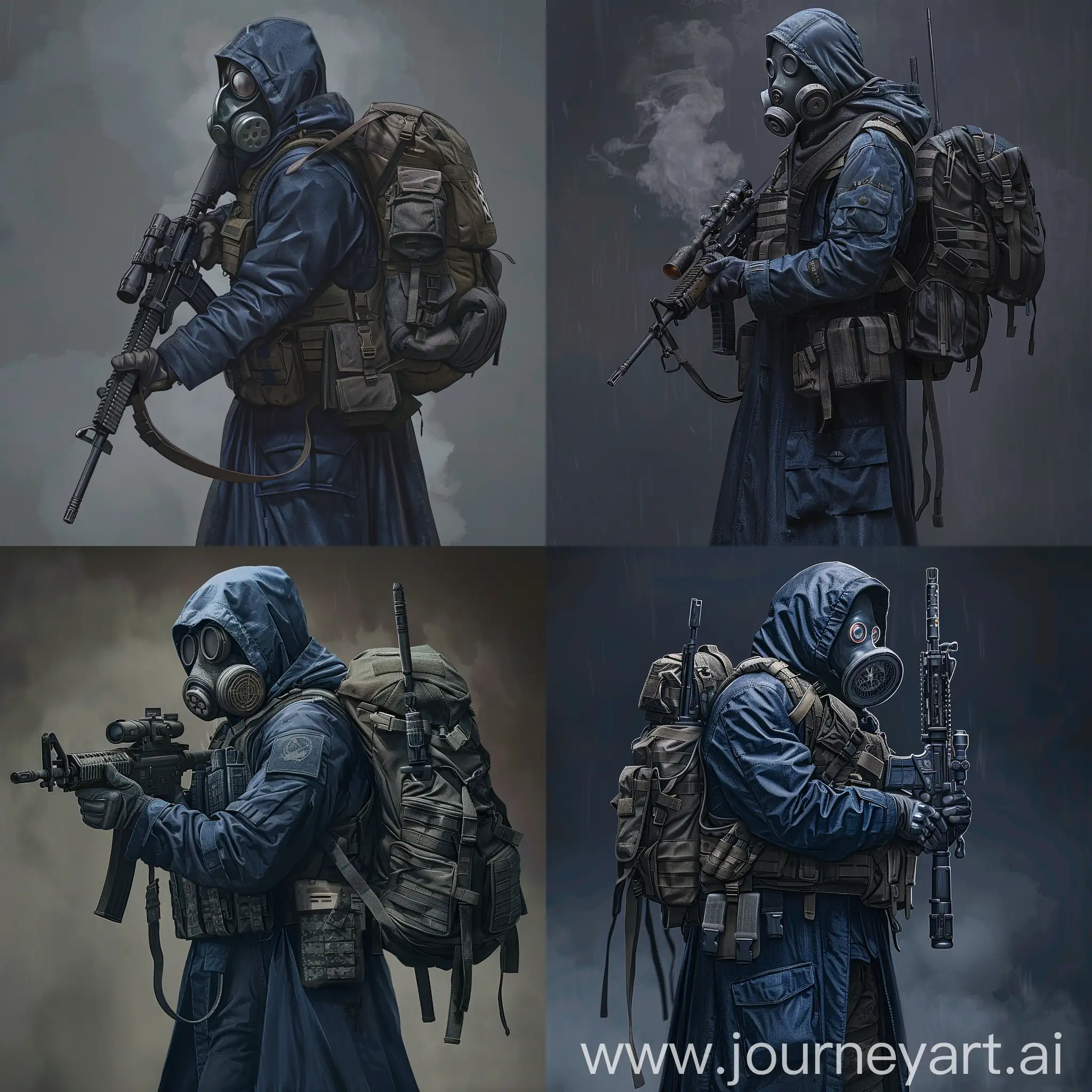 Digital design art, character concept art, mercenary from the universe of S.T.A.L.K.E.R., dressed in a dark blue military raincoat, gray military armor on his body, a gasmask on his face, a military backpack on his back, a rifle in his hands.
