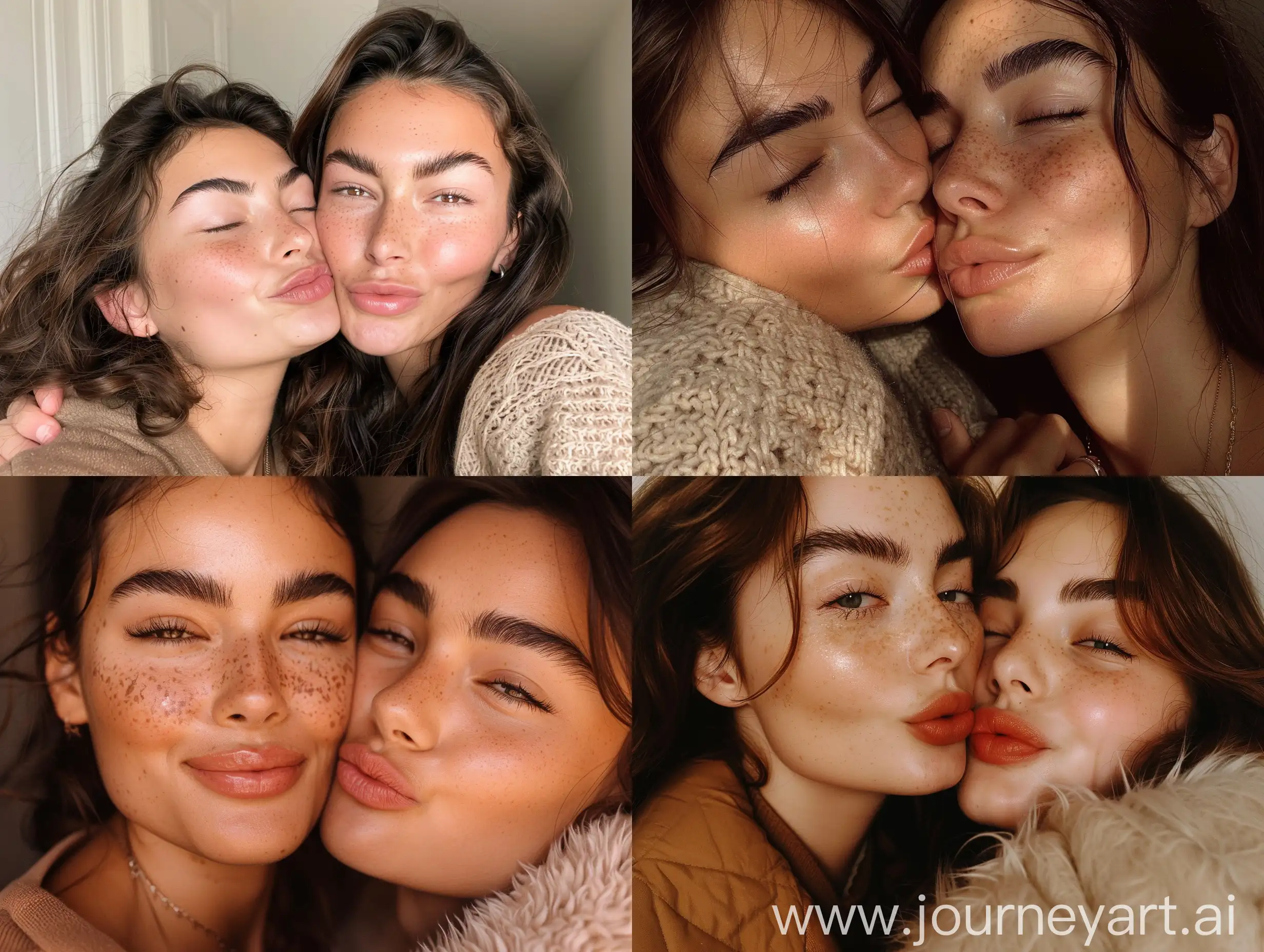 Aesthetic Instagram selfie of a mother with her teenage daughter, close up selfie, cozy vibes, warm brown color tones, super model faces, gorgeous, bushy thick eyebrows, kissing cheek