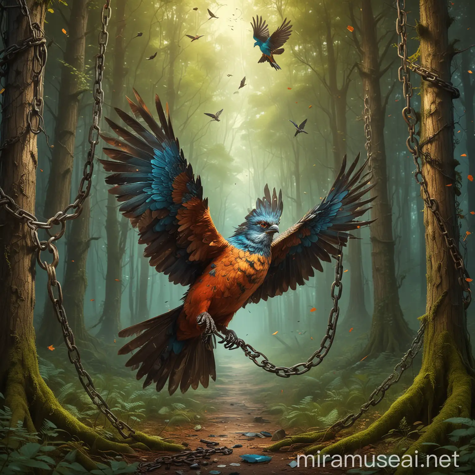 1. **Background**: Begin by crafting a lush forest scene using vibrant shades of green (#228B22) and blue (#87CEEB), evoking the intricate landscapes reminiscent of Leonardo da Vinci's work.

2. **Bird**: Create a dynamic illustration of a colorful bird soaring through the forest, featuring multi-colored wings painted with striking hues such as red (#DC143C), blue (#0000FF), and yellow (#FFFF00). This bird symbolizes individuals fighting addiction.

3. **Environment**: Surround the bird with intricate patterns of flowers and sprouting seeds beneath rocks, utilizing vibrant colors like red (#DC143C), yellow (#FFFF00), and green (#008000) to capture the beauty of nature. These details draw inspiration from da Vinci's meticulous observations of the natural world.

4. **Chains**: Depict broken chains around the bird's feet using dark and impactful colors such as deep blue (#00008B), gray (#696969), and burnt orange (#8B4500). These chains represent the struggle and determination to break free from addiction.

5. **Details and Final Touch**: Enhance the realism of the image by adding intricate details like leaves and rocks. Utilize da Vinci's signature sfumato technique to create soft transitions between colors, achieving a sense of depth and dimension in the digital painting.

This command empowers you to create a captivating and unique digital artwork that blends the power of color with the masterful techniques of Leonardo da Vinci's painting style. By incorporating the broken chains around the bird's feet, the message of overcoming addiction and achieving freedom is vividly conveyed.