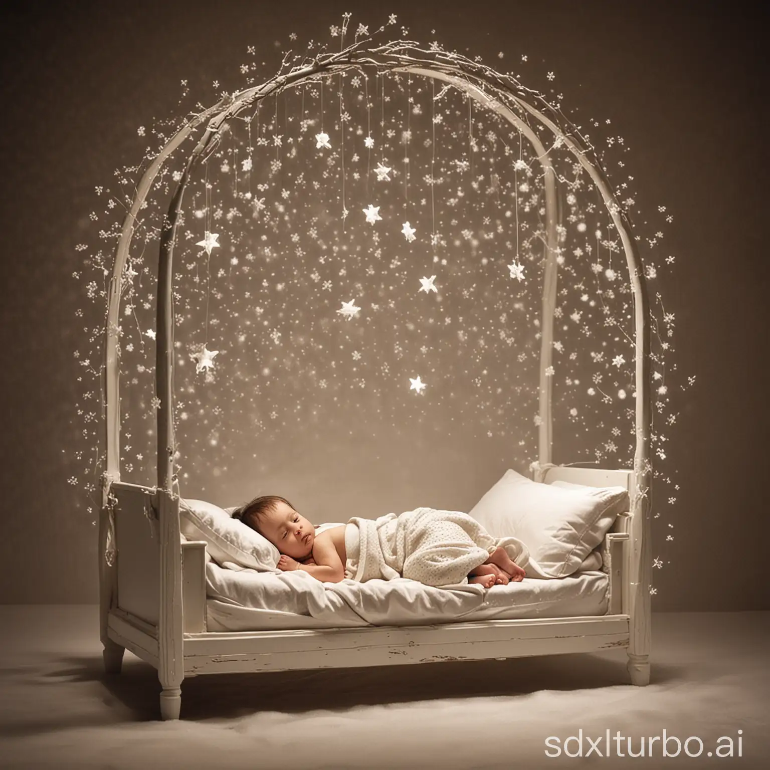 Starlight symphony: In a bed as white as the first snowflakes of winter, a baby lies, whose breaths are as soft as a whisper. Over the bed hangs a mobile that gently glimmers in the moonlight and transforms the child's dreams into a magical symphony of light and shadow.