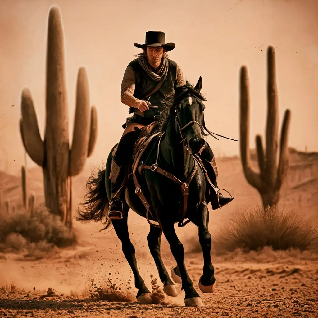 A desert and dirt place with cactus trees and a cowboy riding a black horse and holding a gun.