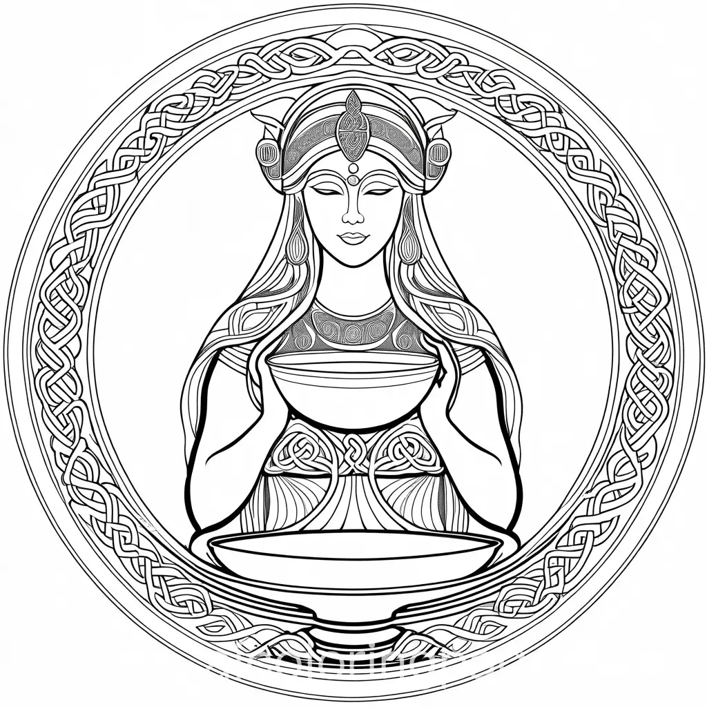 Celtic goddess Danu  with healing bowl, Coloring Page, black and white, line art, white background, Simplicity, Ample White Space. The background of the coloring page is plain white to make it easy for young children to color within the lines. The outlines of all the subjects are easy to distinguish, making it simple for kids to color without too much difficulty