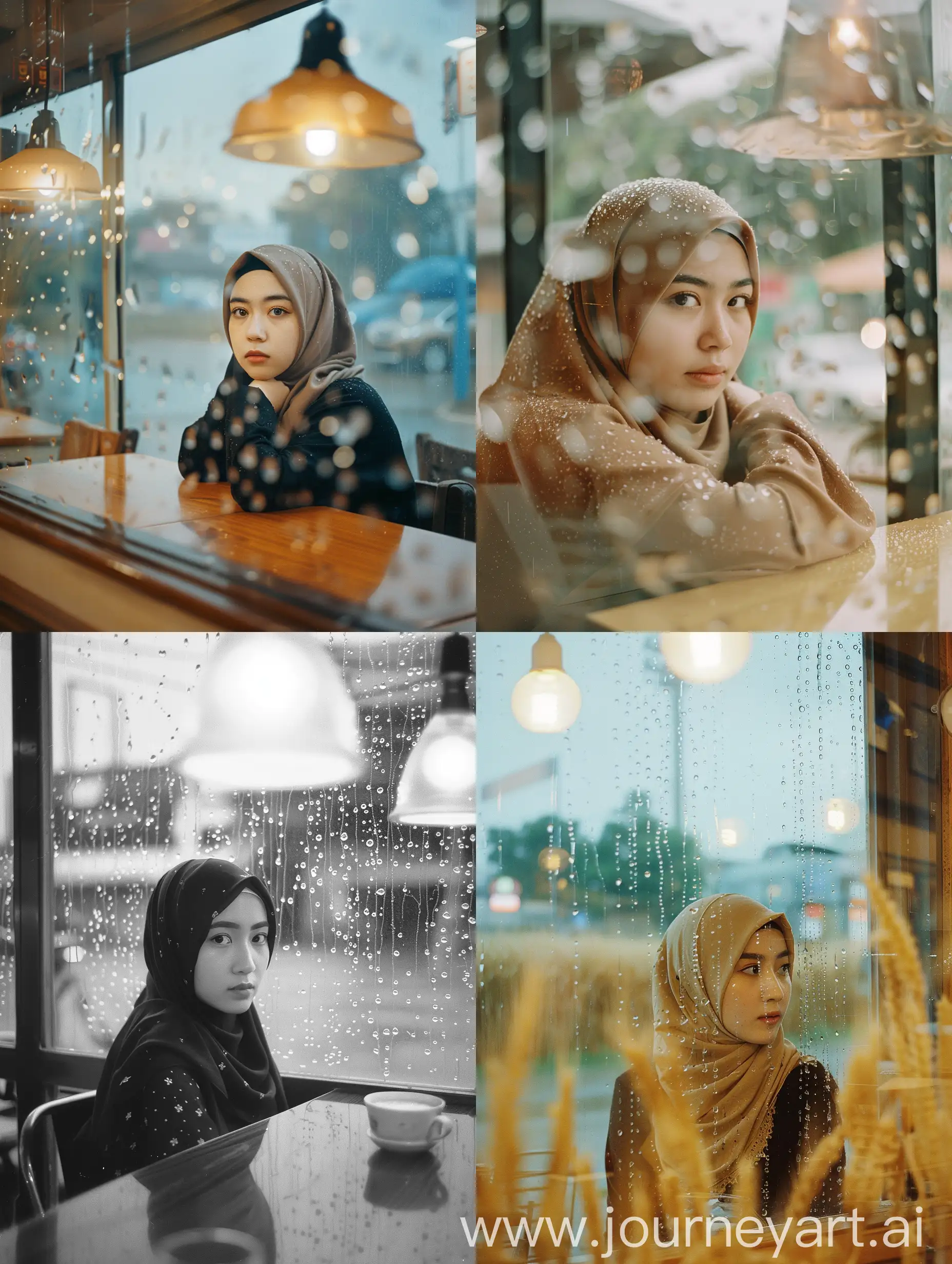 sudut lebar seorang wanita Asia hijab di dalam kafe melalui jendela. Banyak tetes hujan di jendela dan pantulan yang sangat kuat di jendela. Dia melihat jauh di luar dengan kosong. suasana nostalgia yg tenang. gandum film. Kodak Portra 800 film