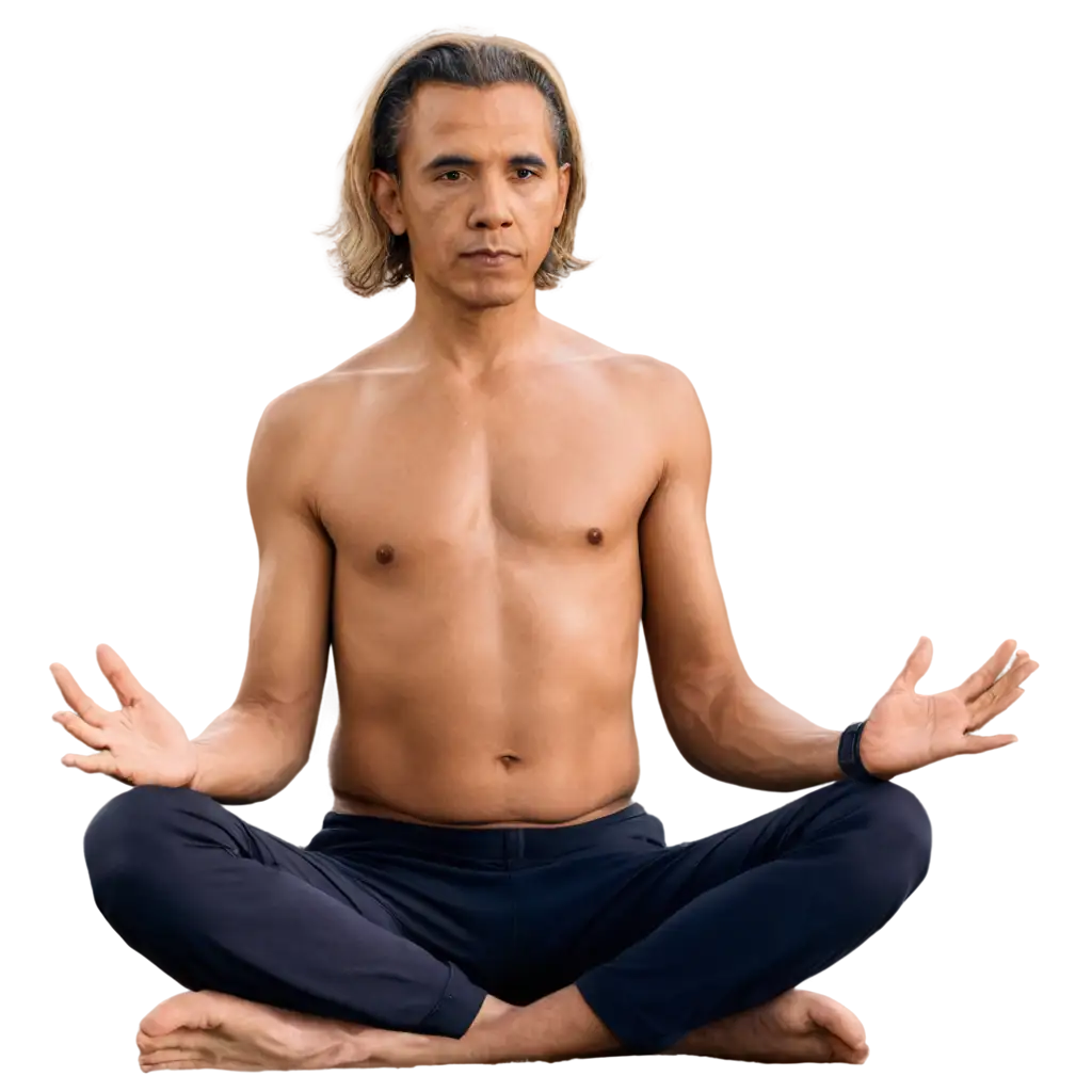 barack obama with white skin and long blonde hair, sitting in yoga pose