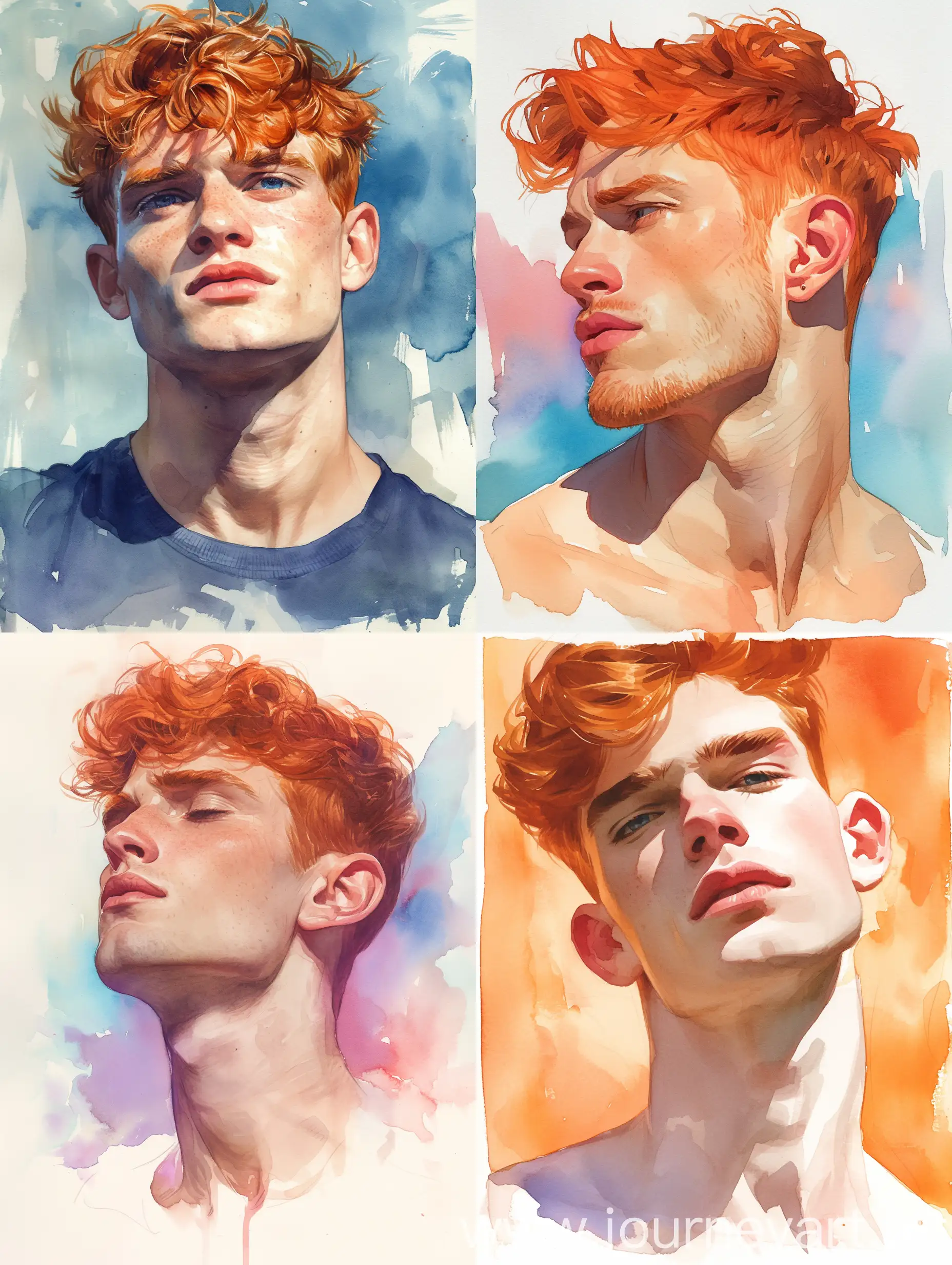 Male portrait with orange hair, colored background, watercolor --niji 6
