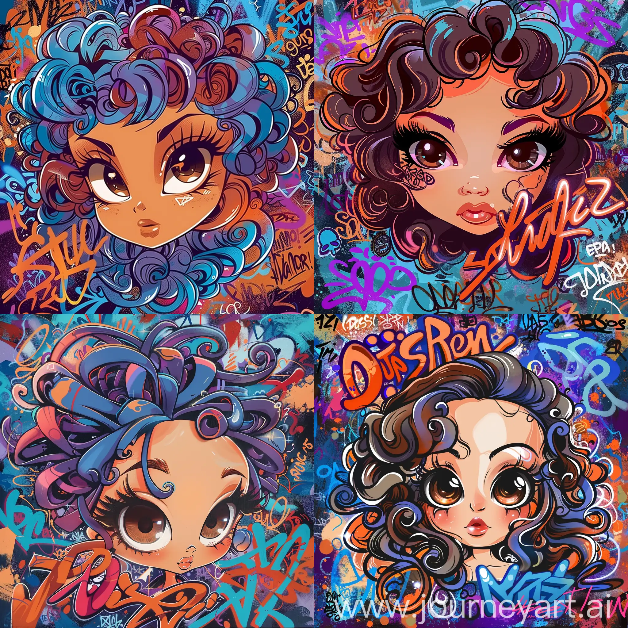Create a stylized portrait with graffiti-like elements overlaying and surroundinga foxy cute chibi women with large arfo hair curly  large cut eyes that are brown   long eyelashes  cute glossy lips. The background and surrounding space should be filled with vibrant, expressive graffiti in colors such as blue, purple, orange, and red. Include various words and tags written in different styles Emulate the dynamic and energetic feel of street art while combining it with the formality of a portrait to contrast with the colorful content. --c 5
