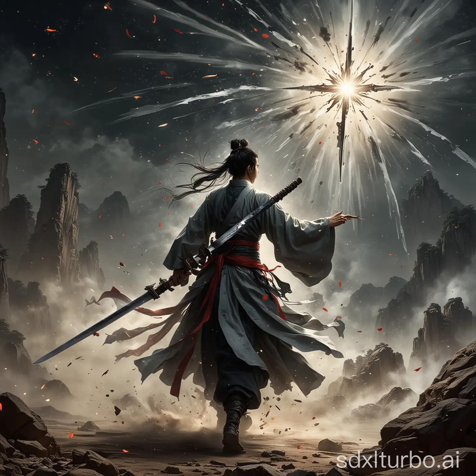 ‘One Sword Rips Through the Star’ or ‘One-stroke Burst Star’. The original sentence in Chinese is a phrase from wuxia (Chinese high-fantasy) novels, often used to describe a powerful sword strike.