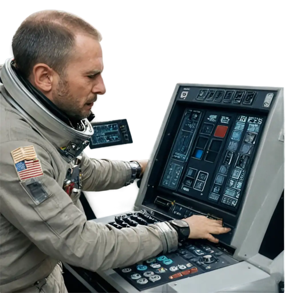 The astronaut enthusiastically presses buttons on the control panel, but nothing happens. Suddenly, the ship jerks and starts spinning, dragging the astronaut into a vortex of stars.