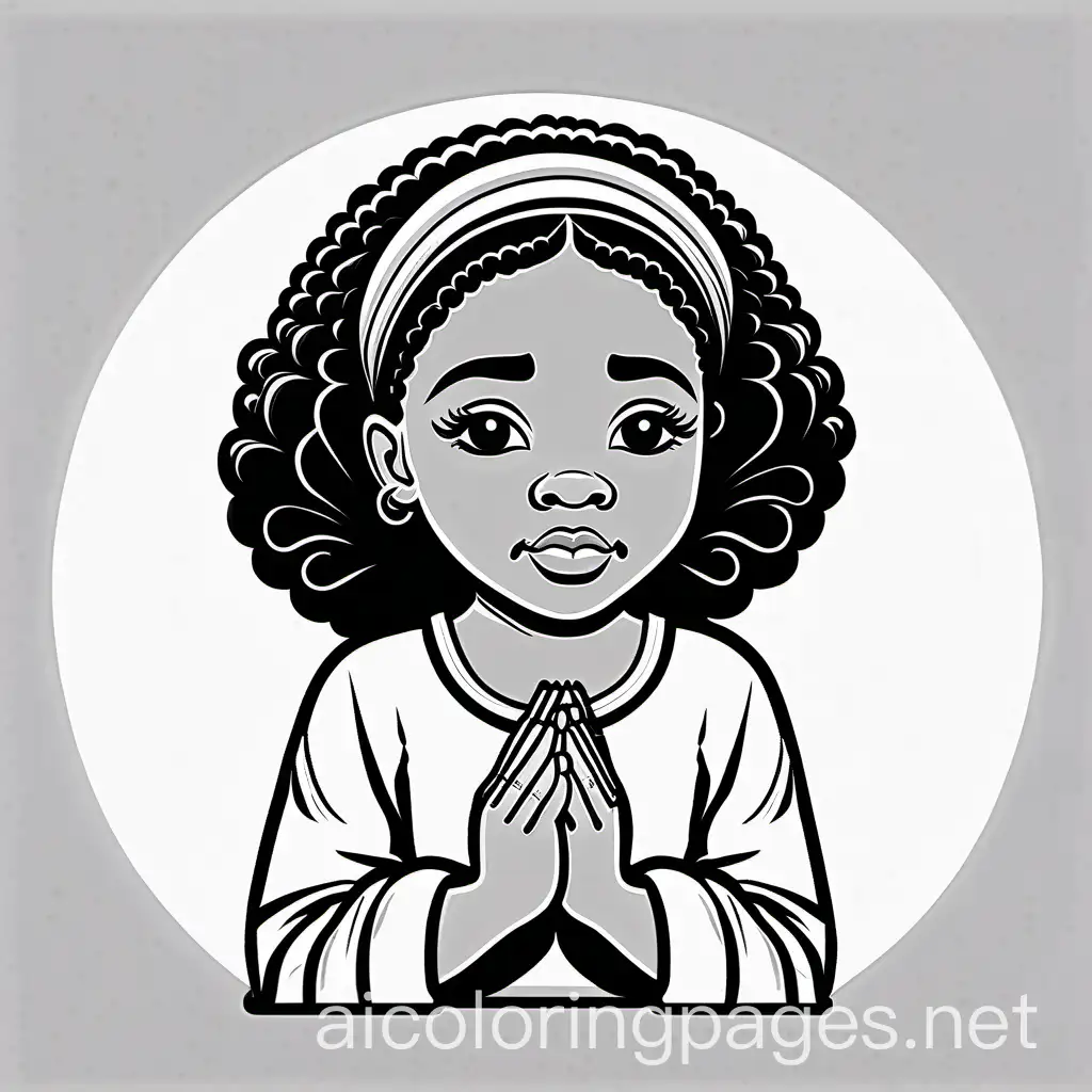 a African American little girl praying with no shading or color , Coloring Page, black and white, line art, white background, Simplicity, Ample White Space. The background of the coloring page is plain white to make it easy for young children to color within the lines. The outlines of all the subjects are easy to distinguish, making it simple for kids to color without too much difficulty